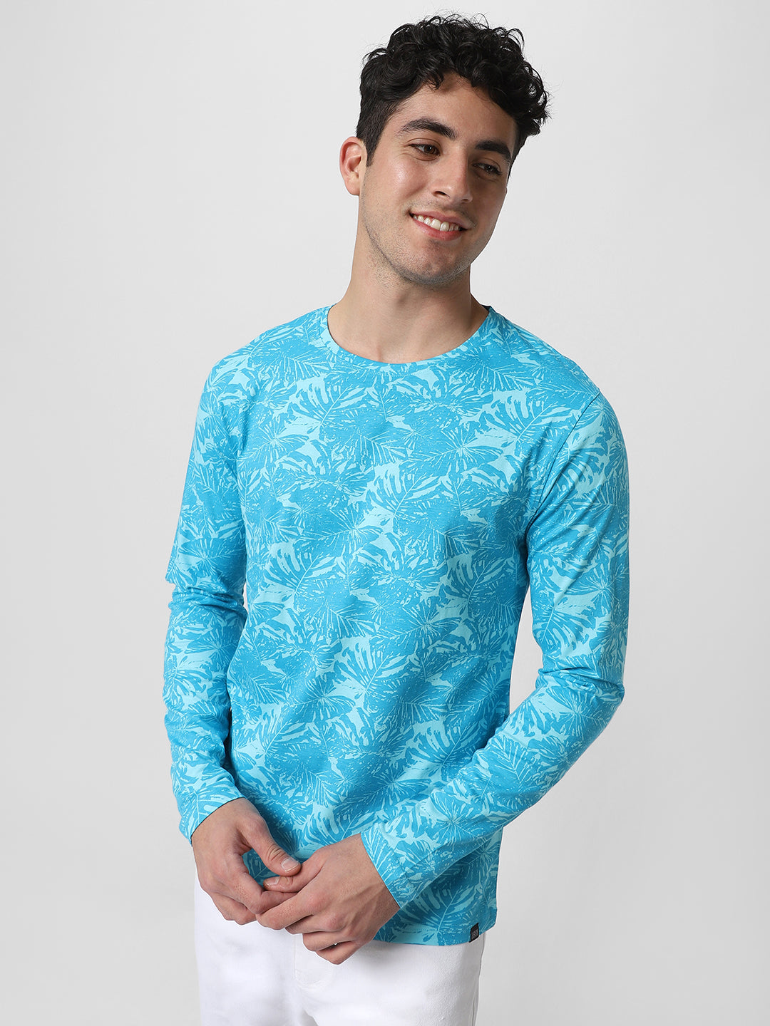 Men's Aqua Blue Printed Full Sleeve Slim Fit Cotton T-Shirt