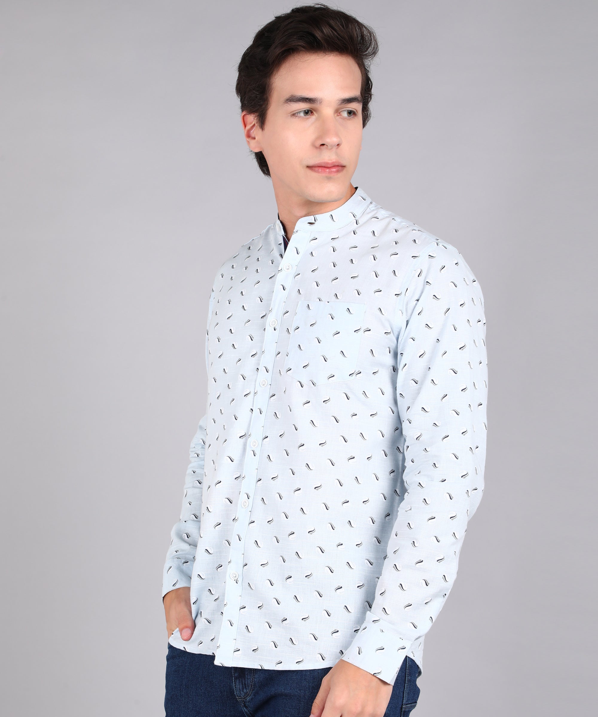 Men's Sky Blue Cotton Full Sleeve Slim Fit Casual Printed Shirt with Mandarin Collar