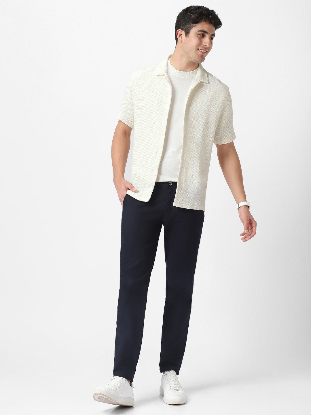 Men's Dark Blue Cotton Slim Fit Casual Chinos Trousers