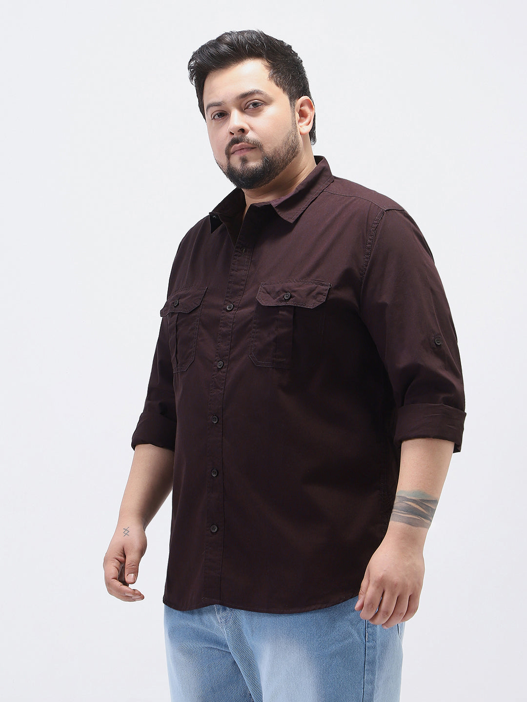 Plus Men's Cocoa Cotton Full Sleeve Regular Fit Casual Solid Shirt