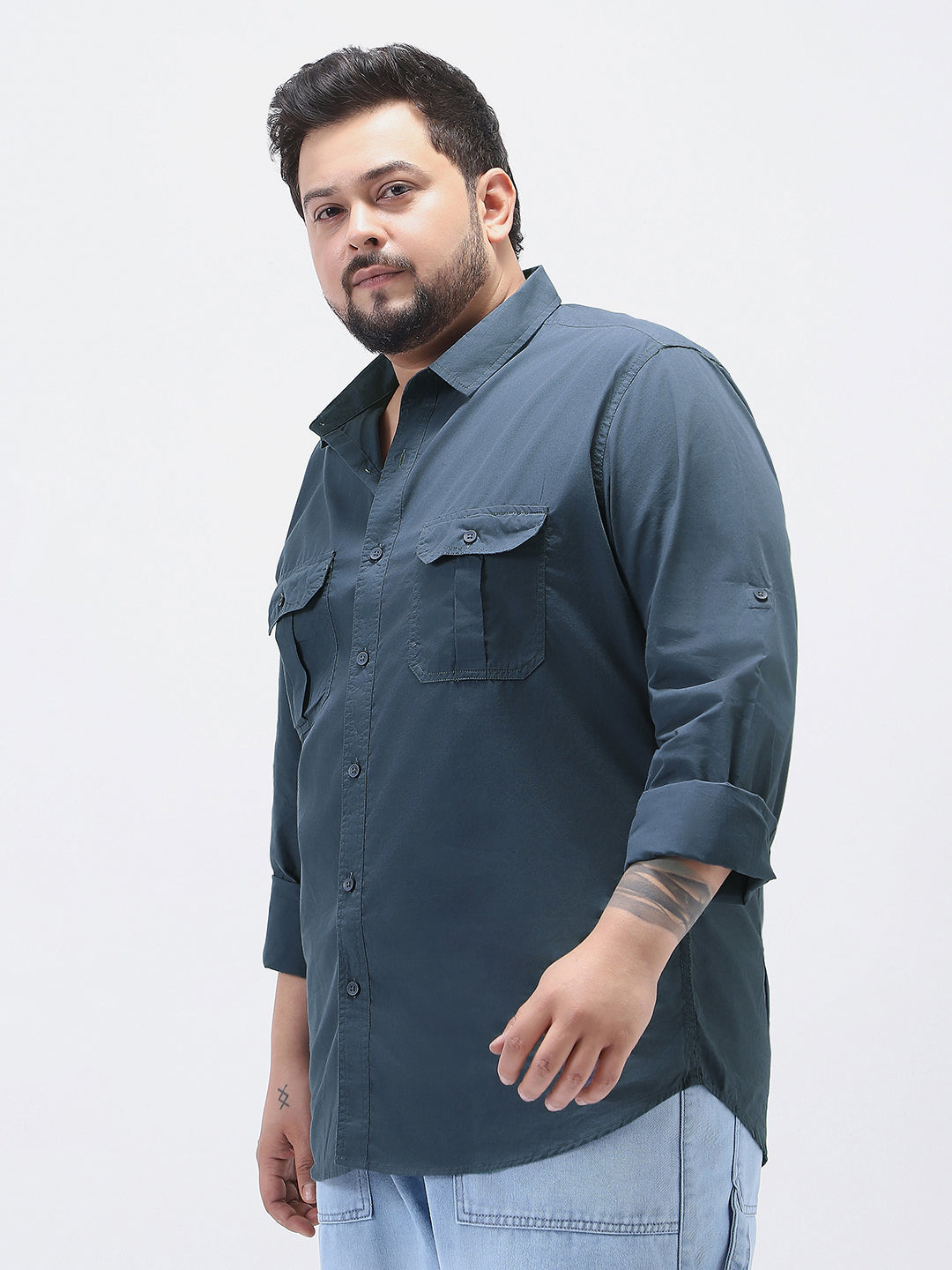 Plus Men's Slate Blue Cotton Full Sleeve Regular Fit Casual Solid Shirt