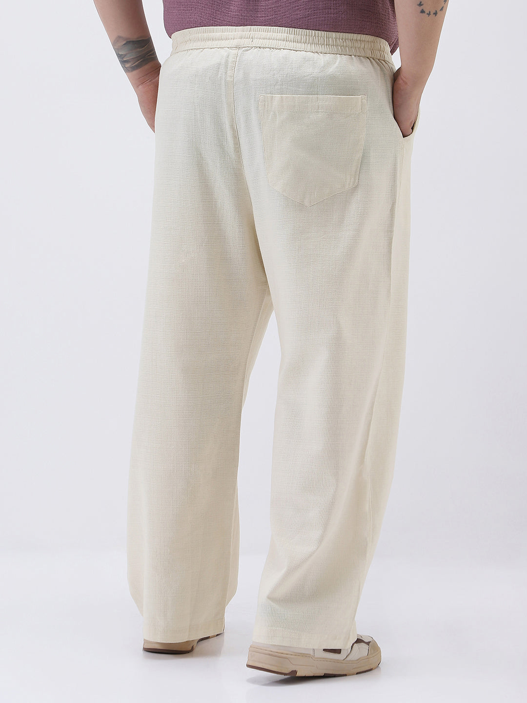 Plus Men's Cream Loose Fit Solid Linen Blend Trousers Non-Stretchable