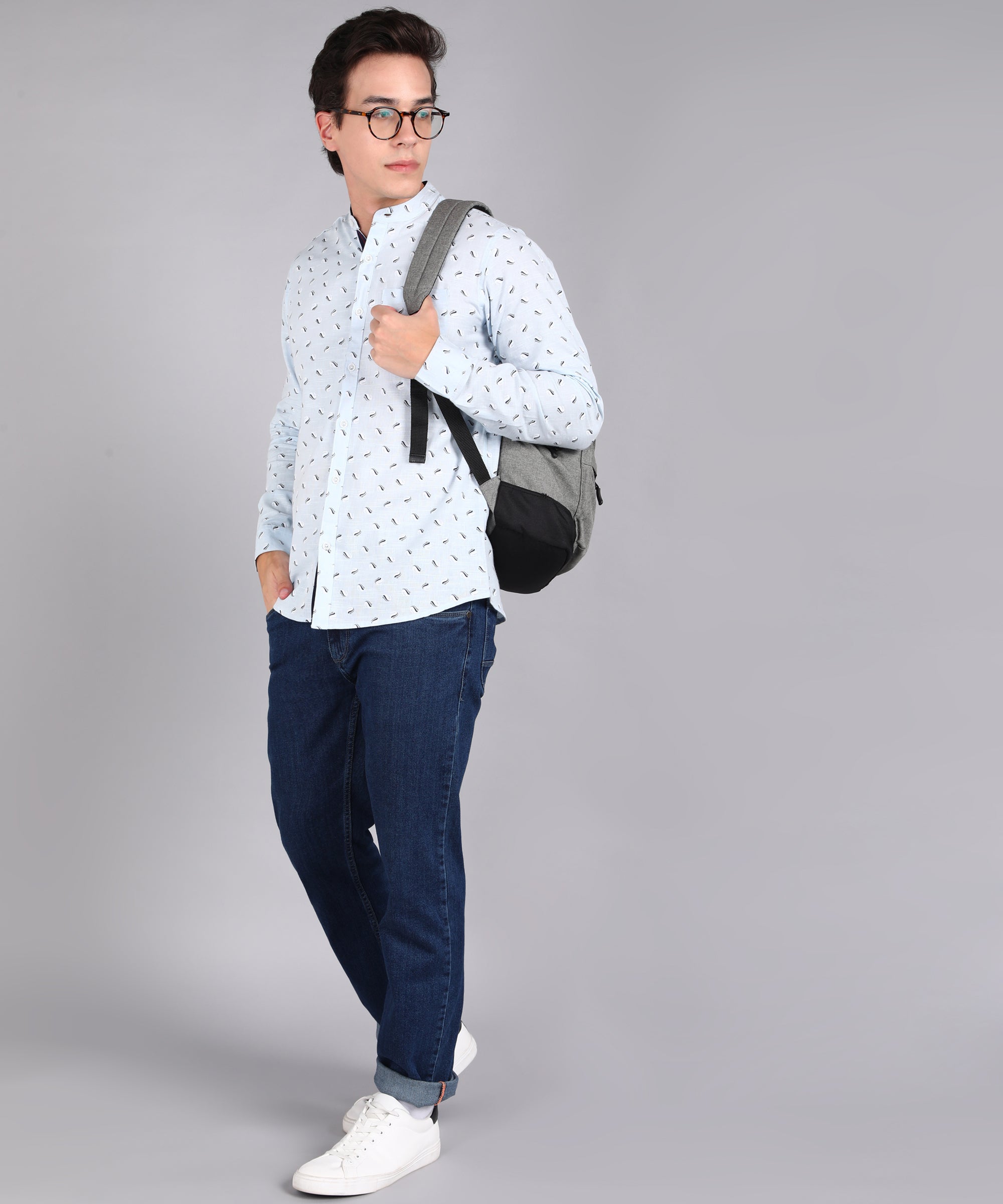 Men's Sky Blue Cotton Full Sleeve Slim Fit Casual Printed Shirt with Mandarin Collar