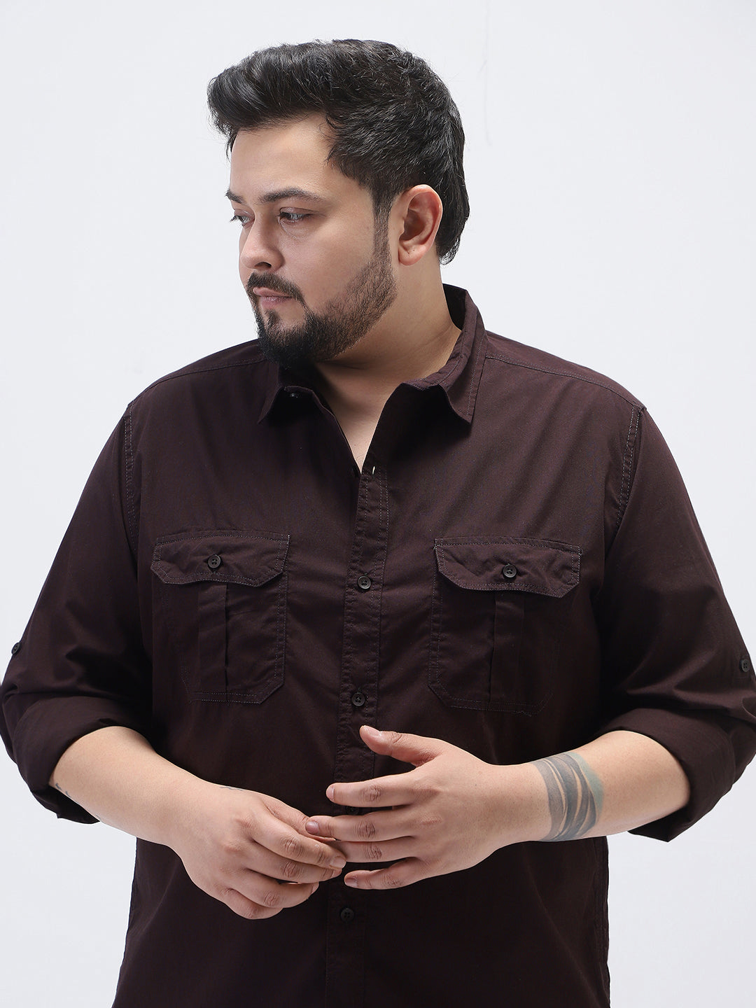 Plus Men's Cocoa Cotton Full Sleeve Regular Fit Casual Solid Shirt