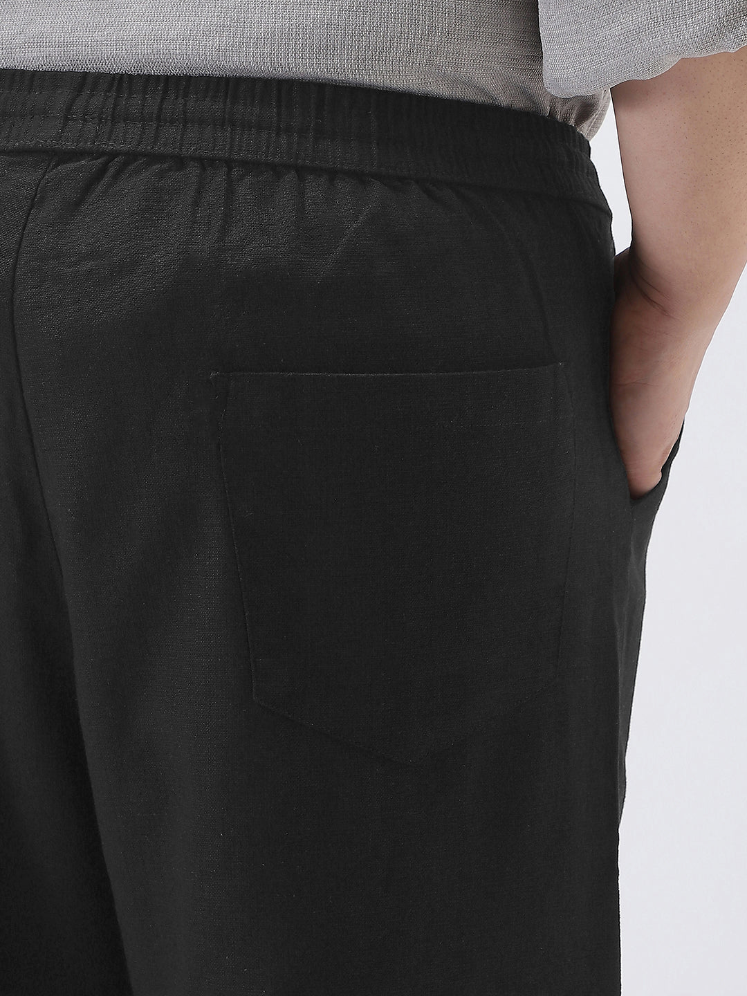 Plus Men's Black Loose Fit Solid Linen Blend Trousers Non-Stretchable