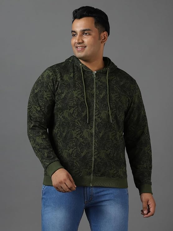 Plus Men's Olive Green Regular Fit Printed Full Sleeve Casual Winterwear Hooded Sweatshirt