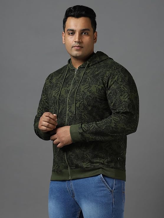Plus Men's Olive Green Regular Fit Printed Full Sleeve Casual Winterwear Hooded Sweatshirt