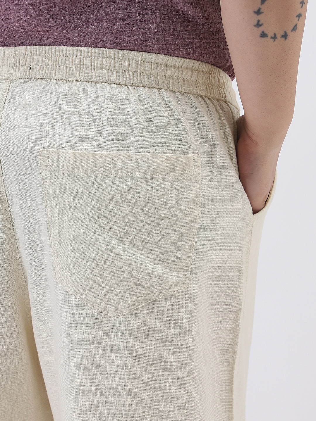 Plus Men's Cream Loose Fit Solid Linen Blend Trousers Non-Stretchable