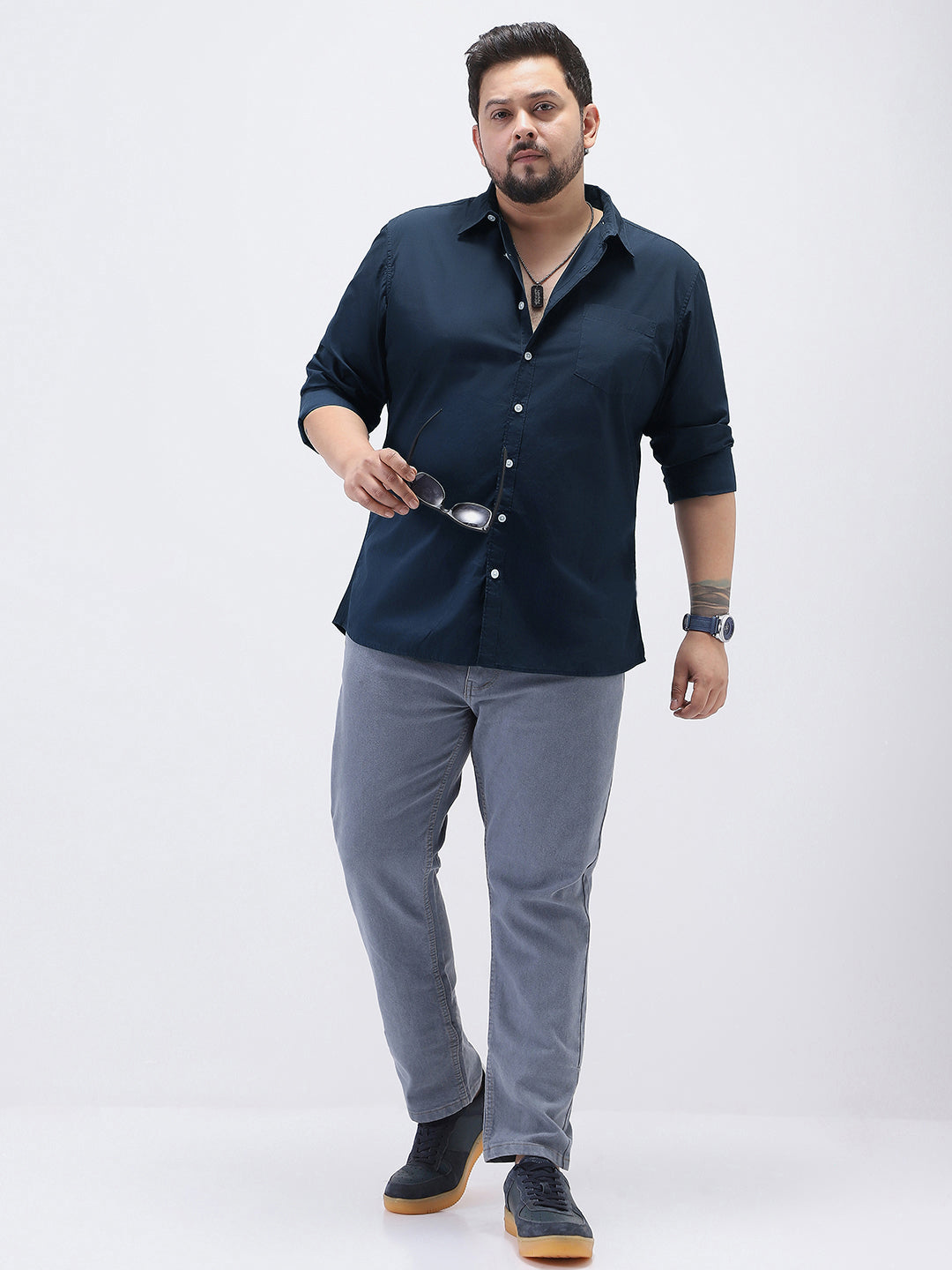 Plus Men's Navy Cotton Full Sleeve Regular Fit Casual Solid Shirt
