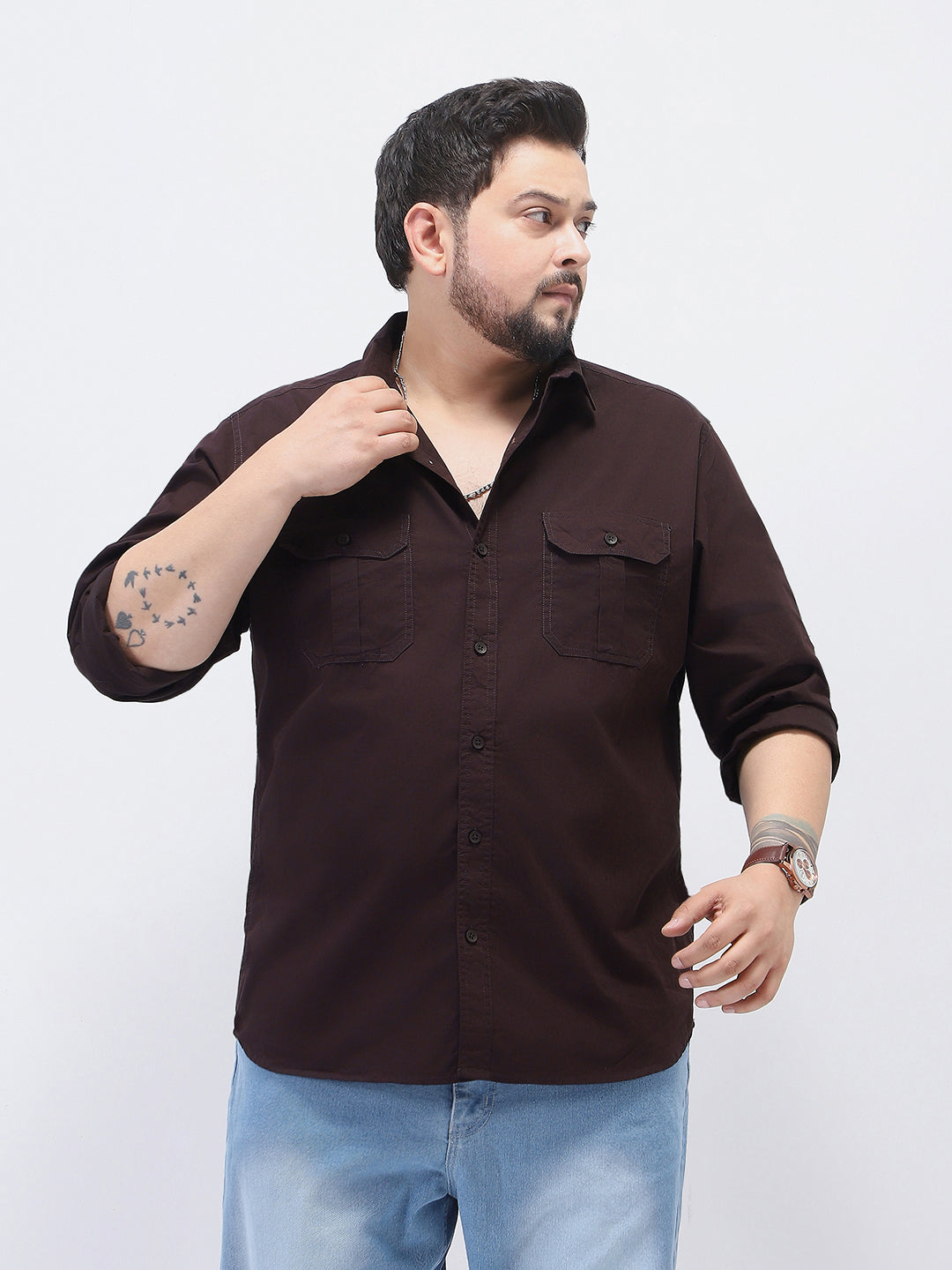 Plus Men's Cocoa Cotton Full Sleeve Regular Fit Casual Solid Shirt