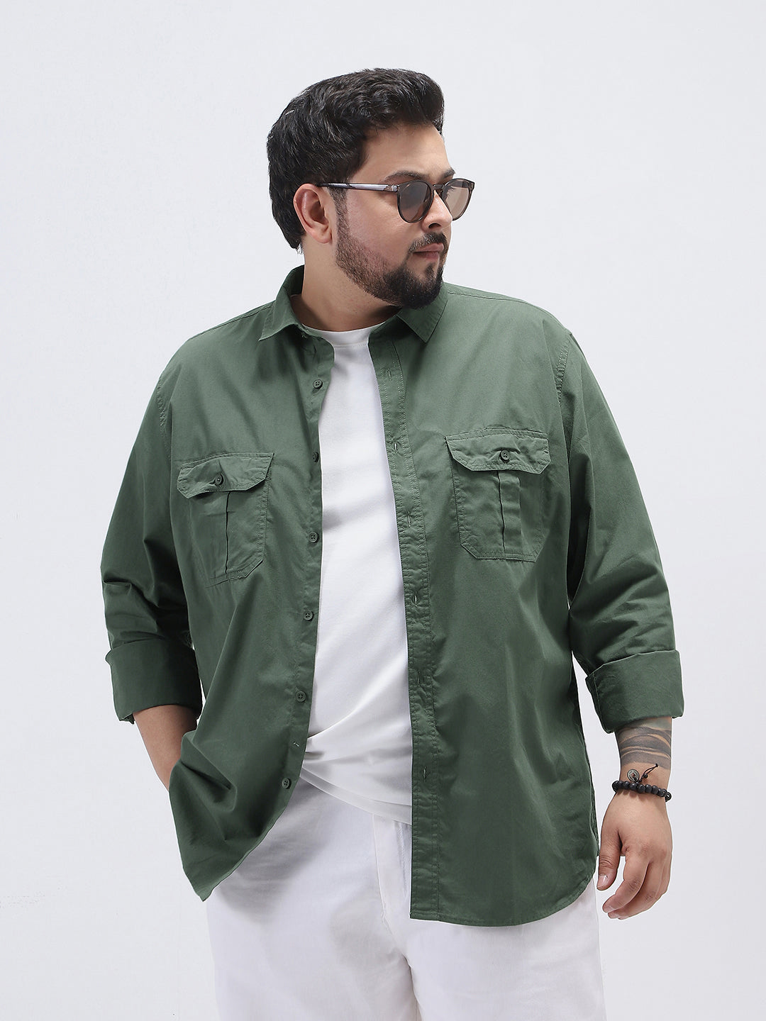 Plus Men's Sage Green Cotton Full Sleeve Regular Fit Casual Solid Shirt