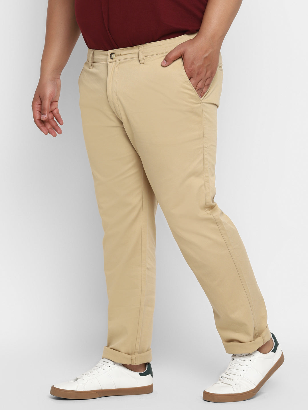 Plus Men's Beige Cotton Regular Fit Casual Chinos Trousers Stretch