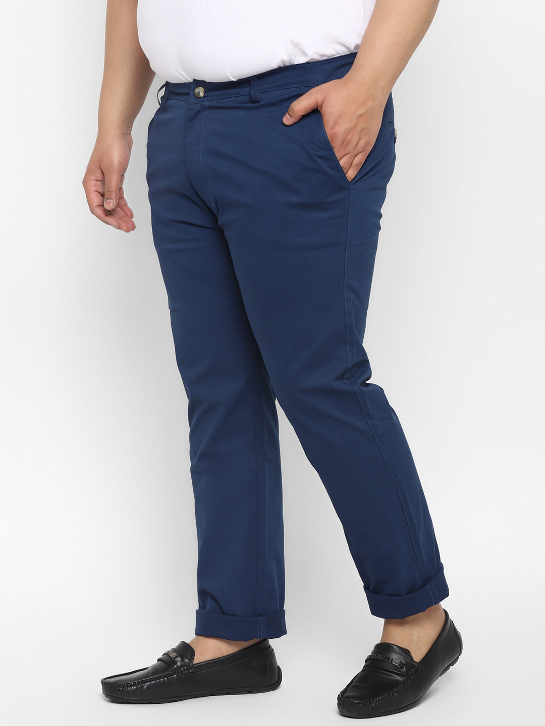 Plus Men's Royal Blue Cotton Regular Fit Casual Chinos Trousers Stretch