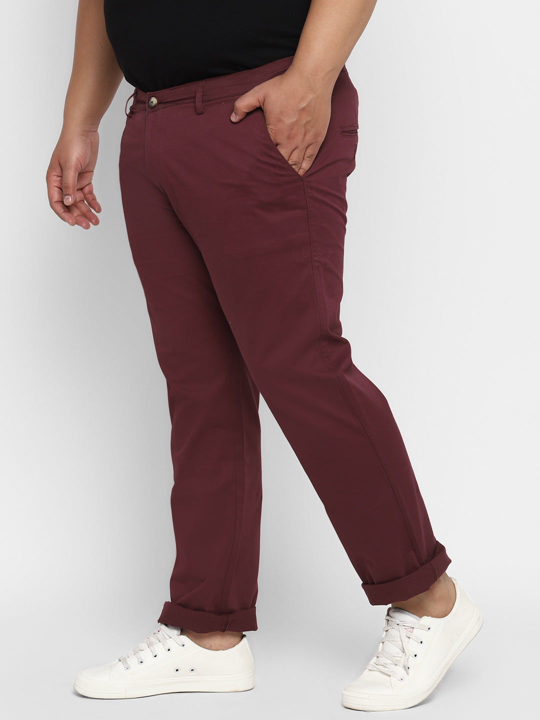 Plus Men's Wine Cotton Regular Fit Casual Chinos Trousers Stretch