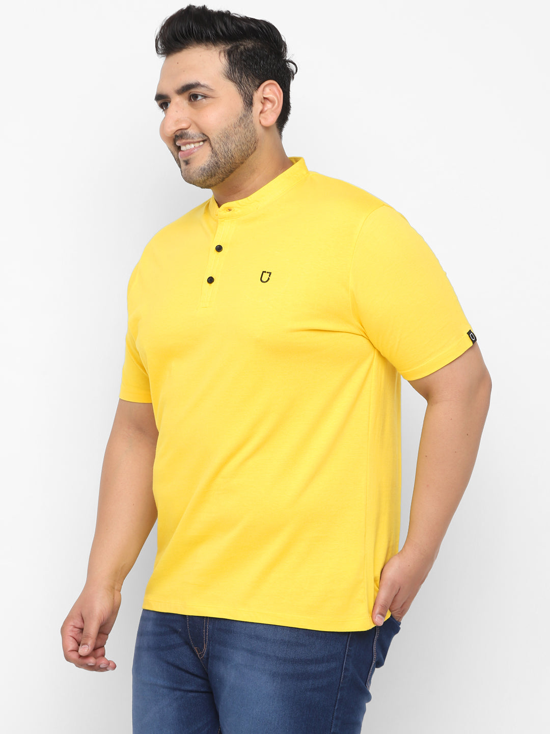 Plus Men's Mustard Solid Mandarin Collar Regular Fit Cotton T-Shirt