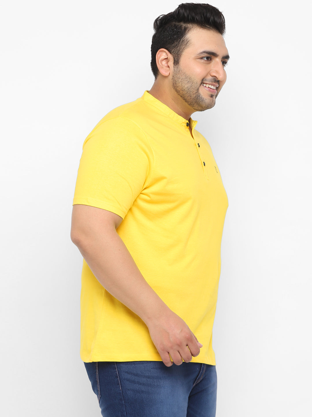 Plus Men's Mustard Solid Mandarin Collar Regular Fit Cotton T-Shirt