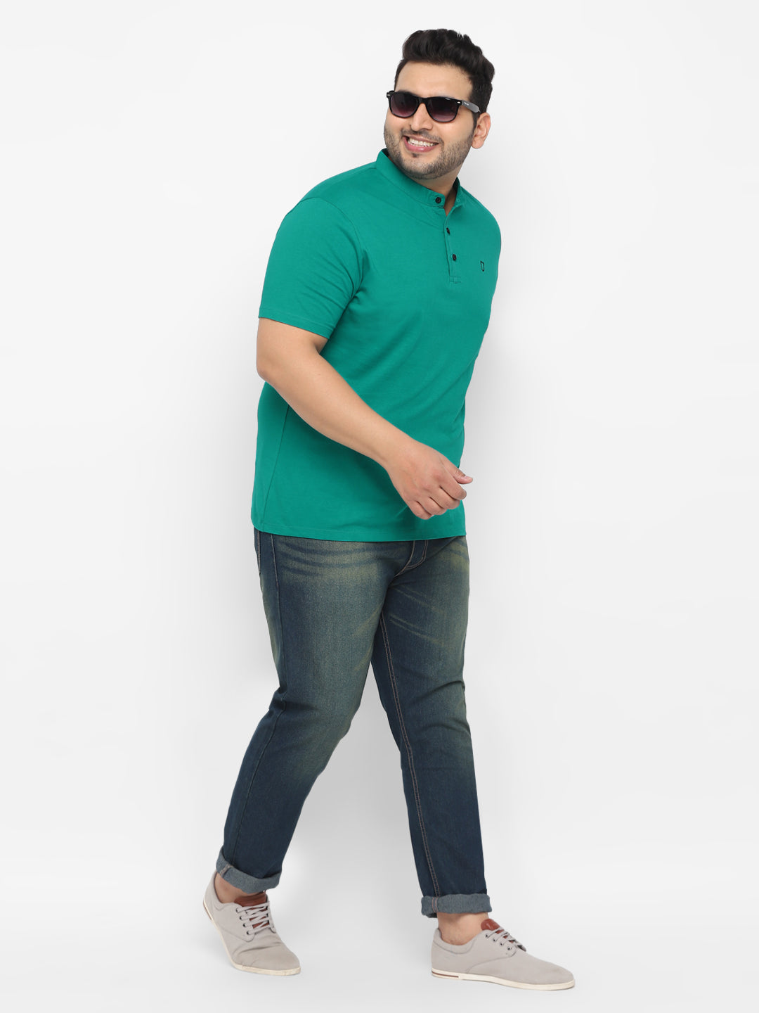 Plus Men's Teal Green Solid Mandarin Collar Regular Fit Cotton T-Shirt
