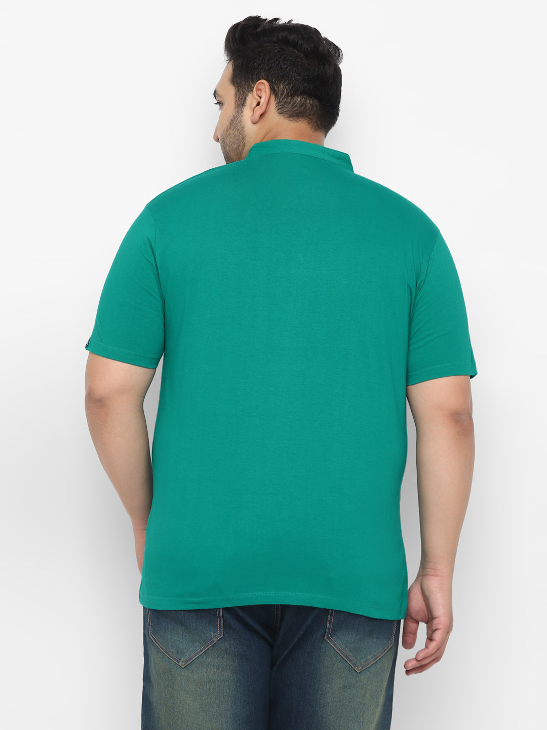 Plus Men's Teal Green Solid Mandarin Collar Regular Fit Cotton T-Shirt