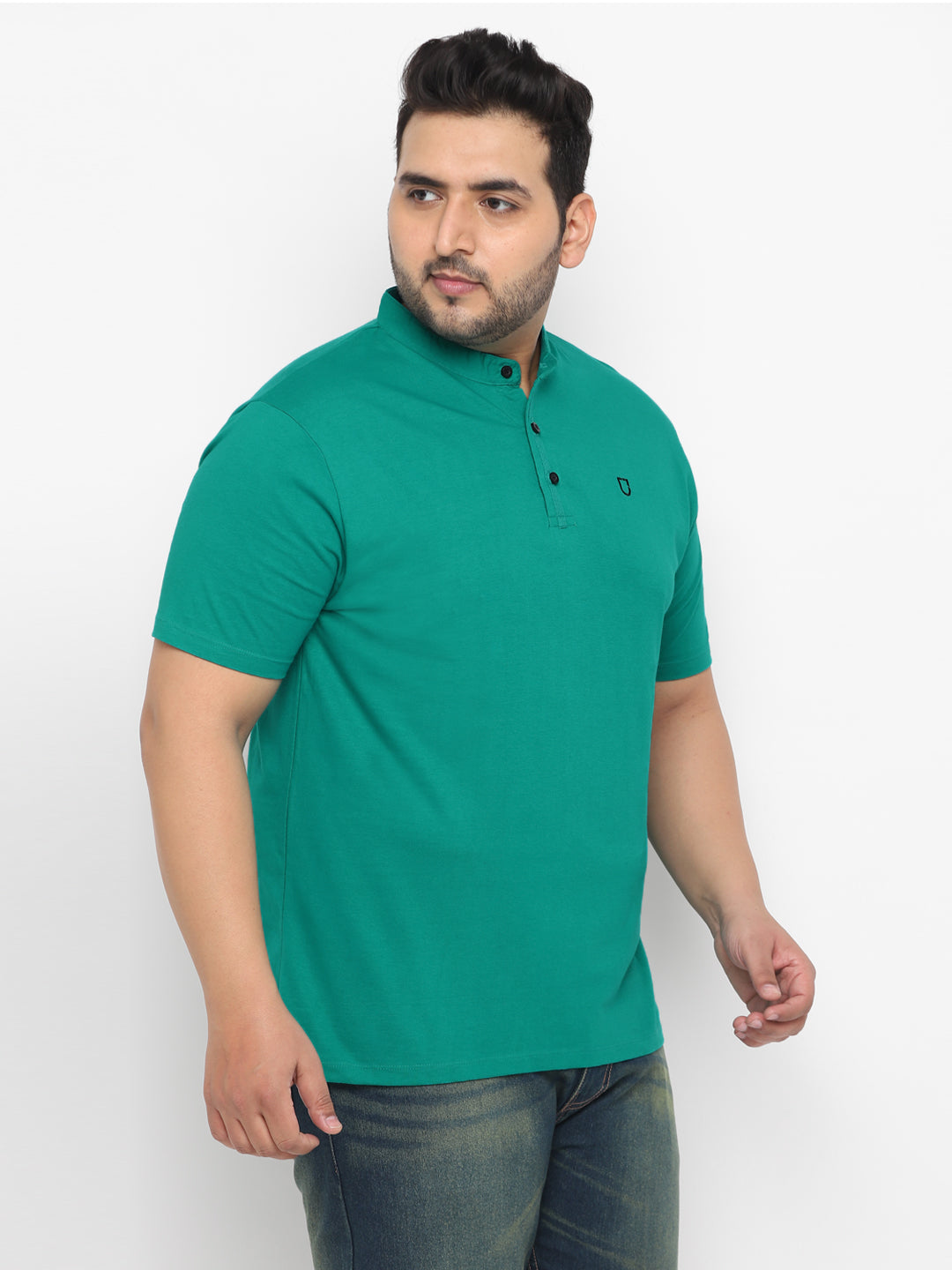 Plus Men's Teal Green Solid Mandarin Collar Regular Fit Cotton T-Shirt