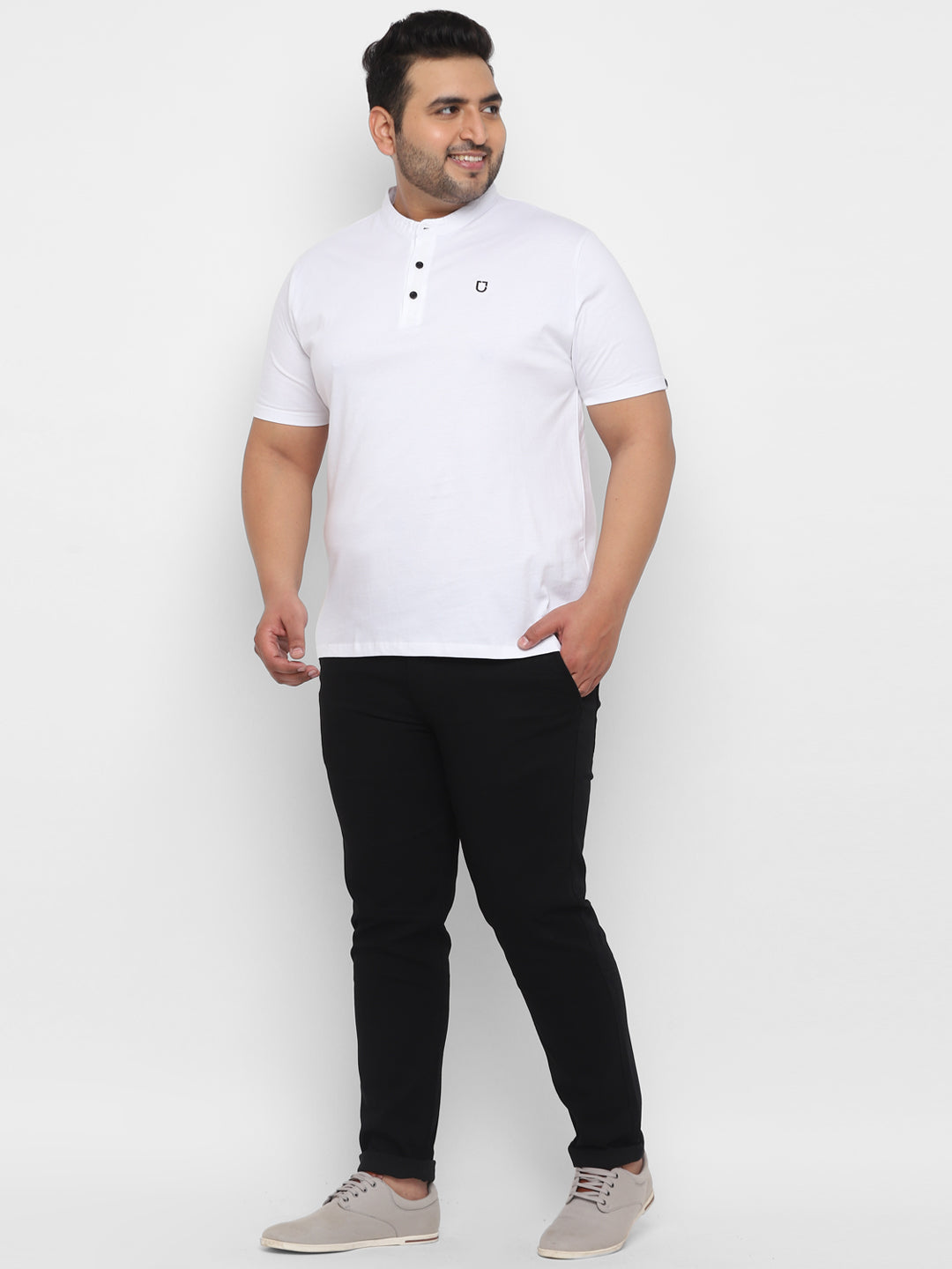 Plus Men's White Solid Mandarin Collar Regular Fit Cotton T-Shirt