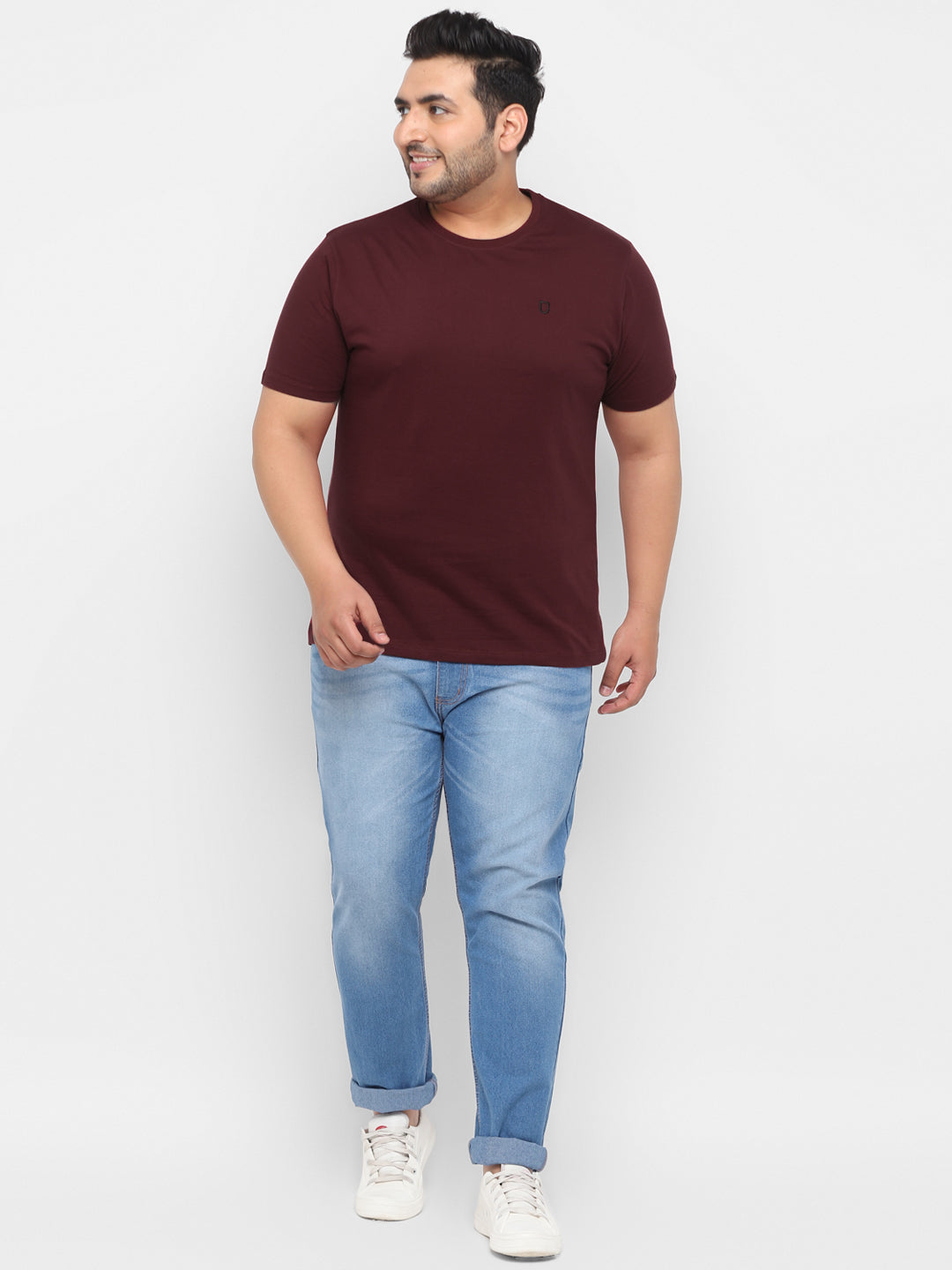 Plus Men's Maroon Solid Regular Fit Round Neck Cotton T-Shirt