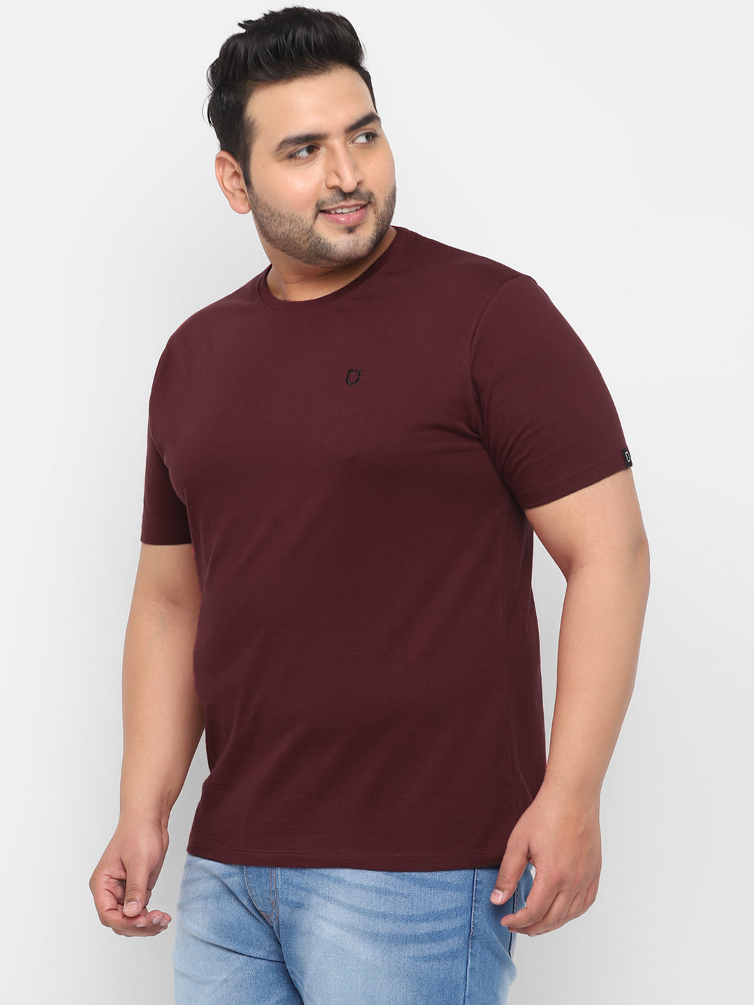 Plus Men's Maroon Solid Regular Fit Round Neck Cotton T-Shirt