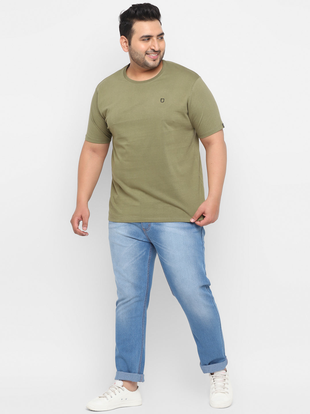 Plus Men's Olive Green Solid Regular Fit Round Neck Cotton T-Shirt