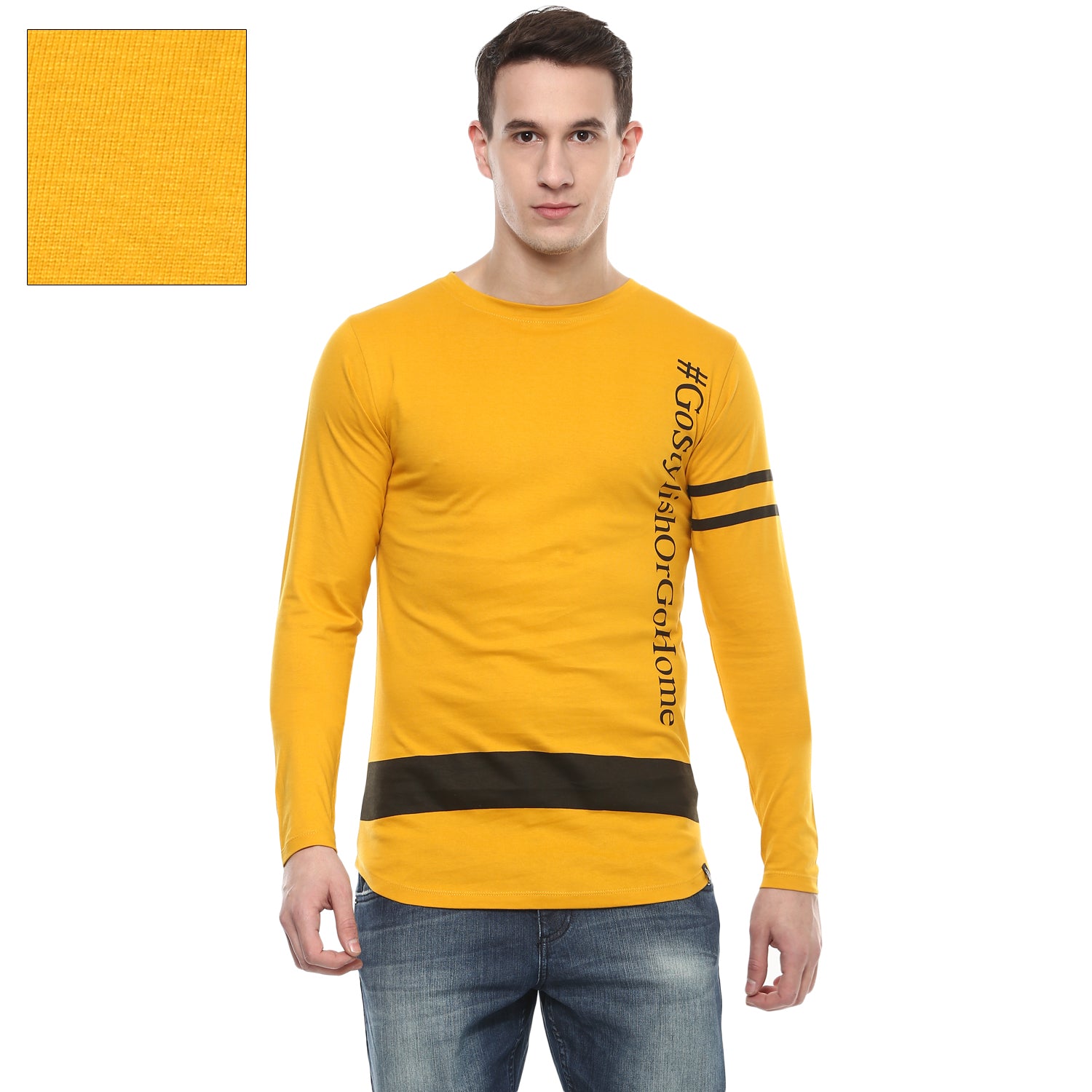 Men's Yellow Printed Full Sleeve Cotton T-Shirt