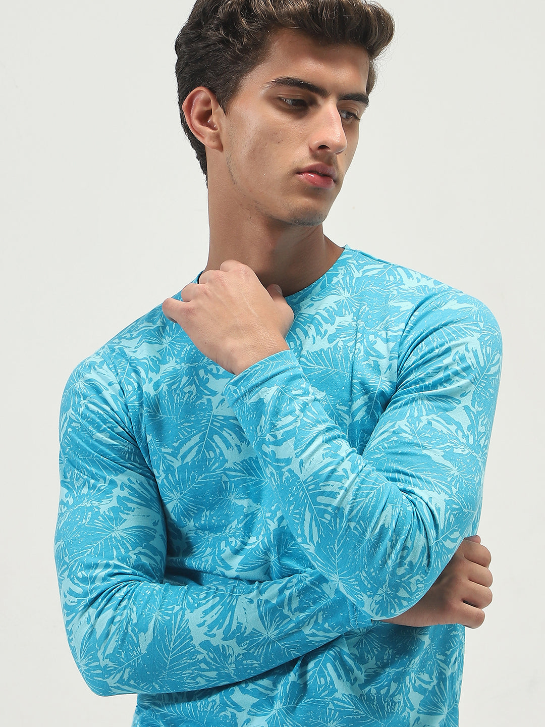 Men's Aqua Blue Printed Full Sleeve Slim Fit Cotton T-Shirt