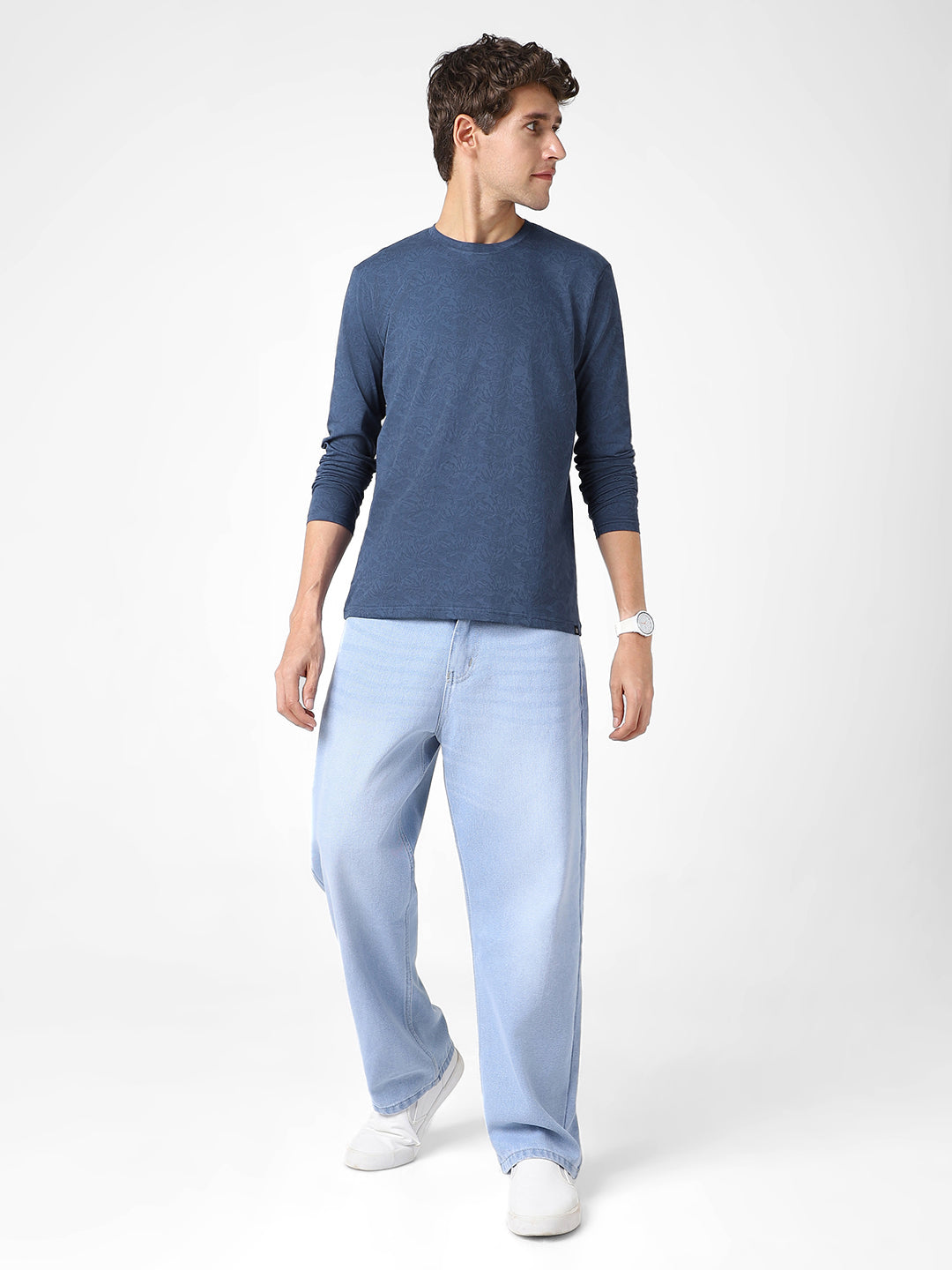 Men's Mood Indigo Printed Full Sleeve Slim Fit Cotton T-Shirt