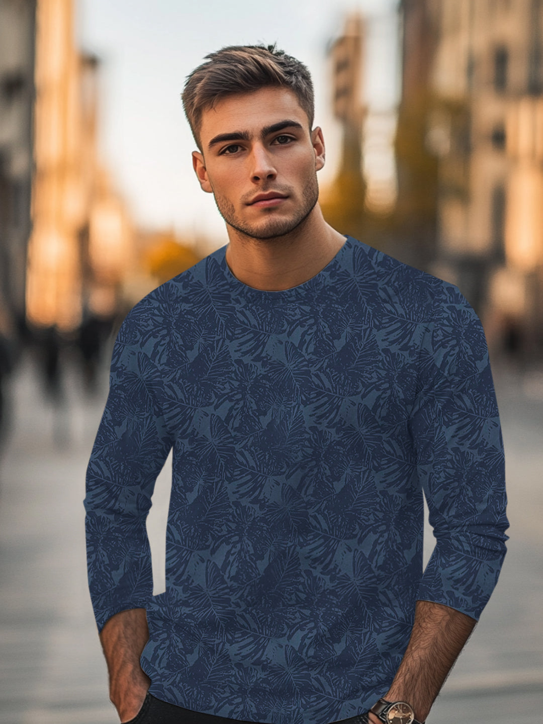 Men's Mood Indigo Printed Full Sleeve Slim Fit Cotton T-Shirt