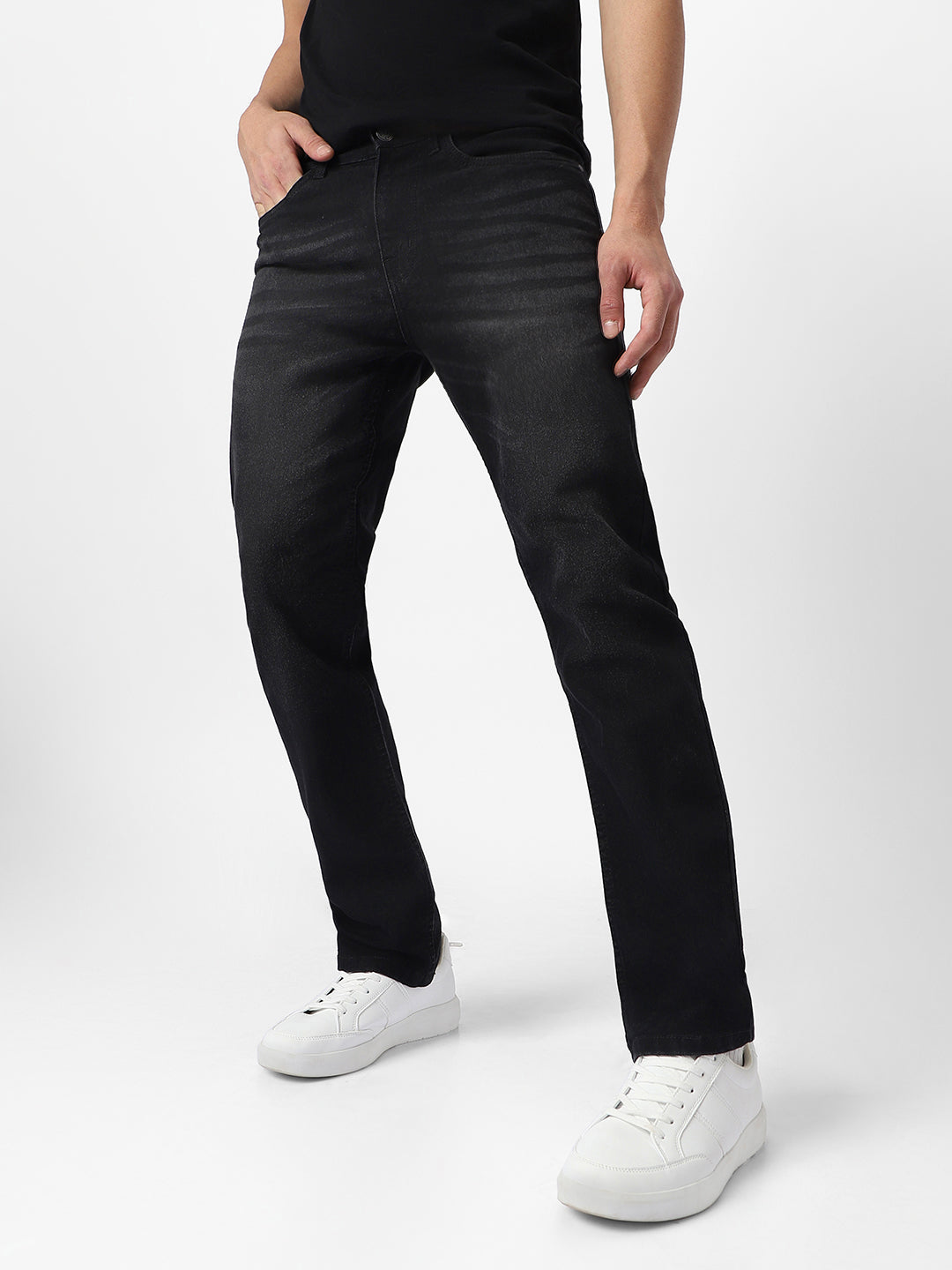 Men's Black Regular Fit Washed Jeans Stretchable
