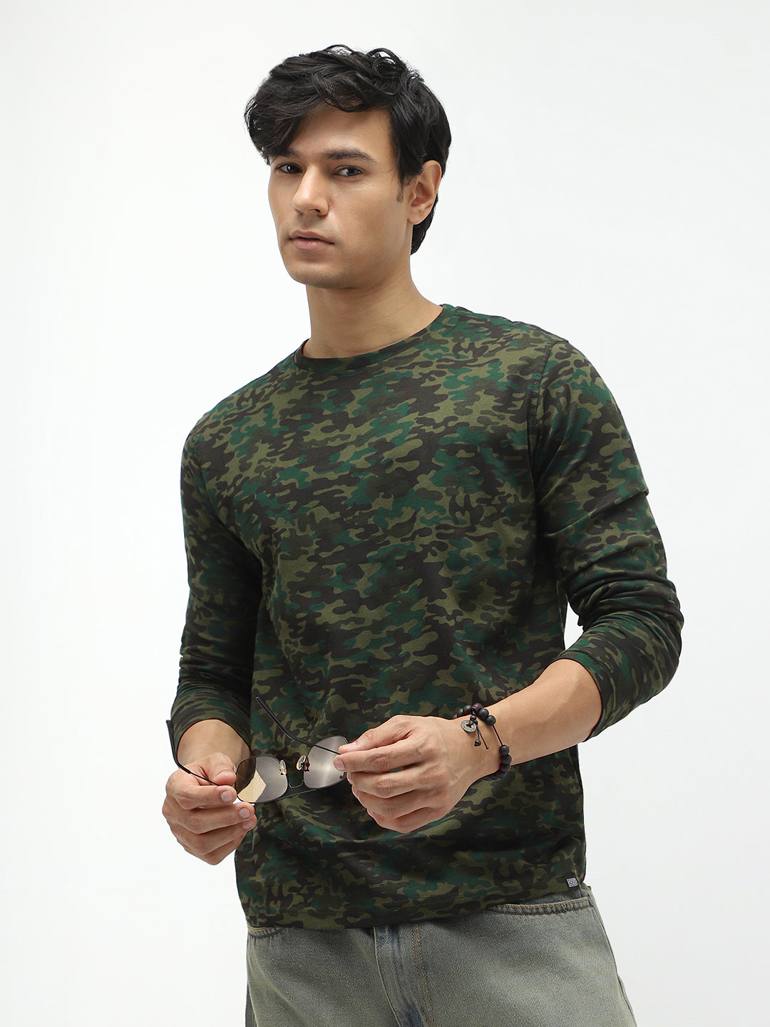 Men's Olive Green, Khaki Military Camouflage Printed Slim Fit Full Sleeve Cotton T-Shirt