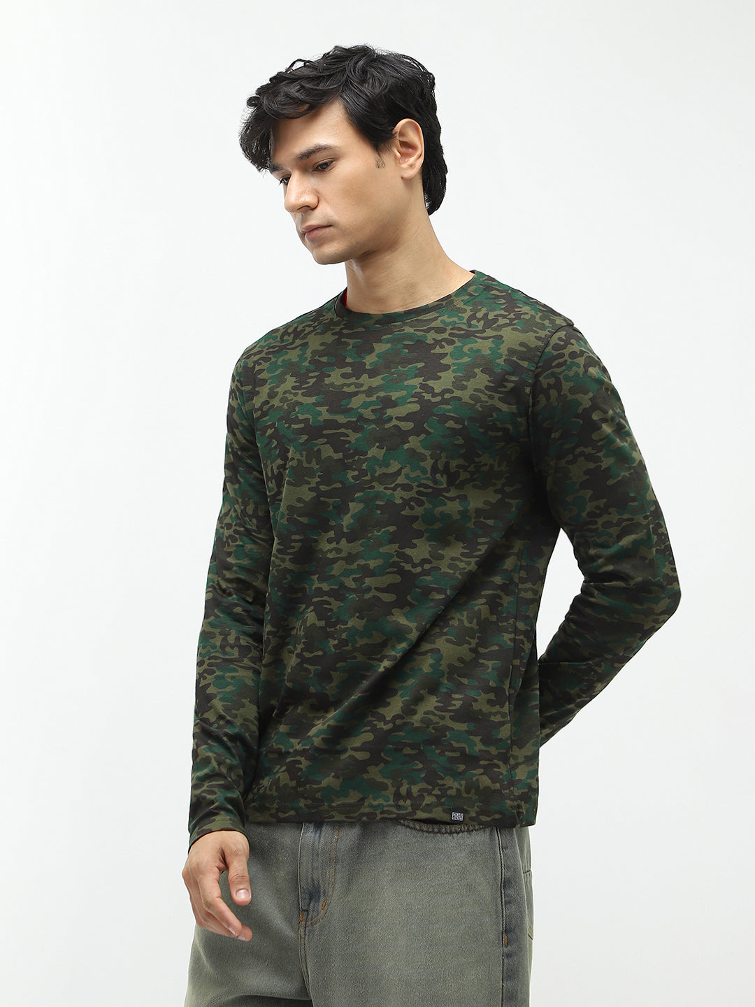 Men's Olive Green, Khaki Military Camouflage Printed Slim Fit Full Sleeve Cotton T-Shirt