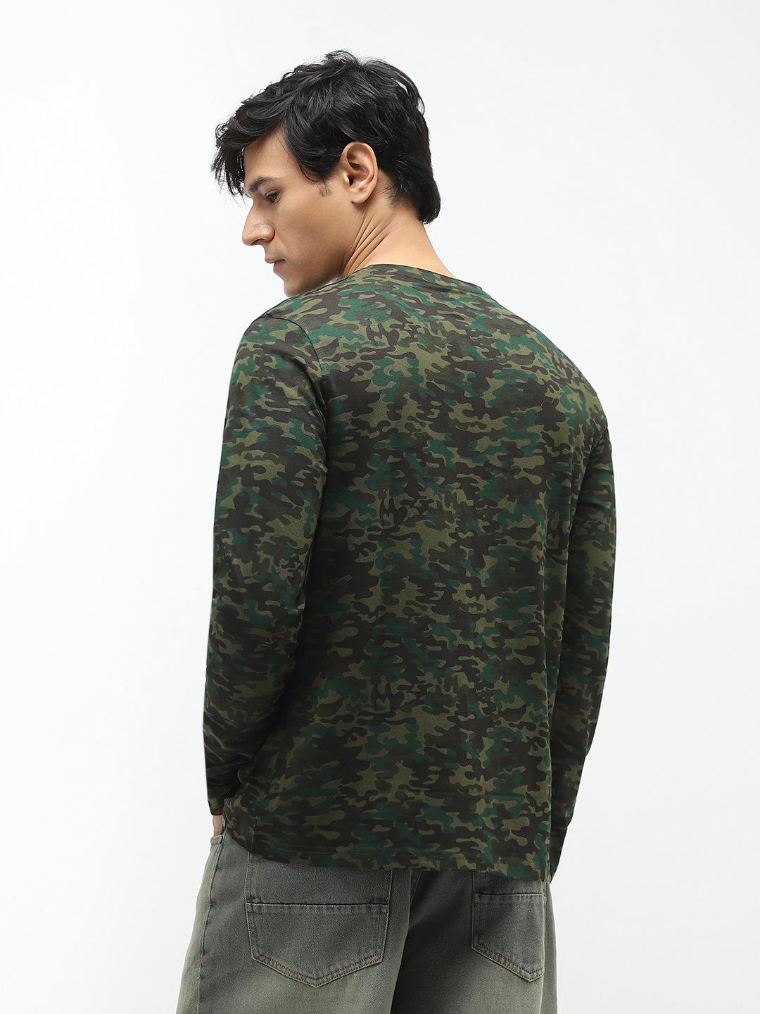 Men's Olive Green, Khaki Military Camouflage Printed Slim Fit Full Sleeve Cotton T-Shirt