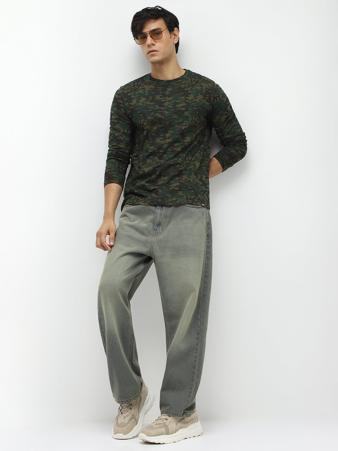 Men's Olive Green, Khaki Military Camouflage Printed Slim Fit Full Sleeve Cotton T-Shirt