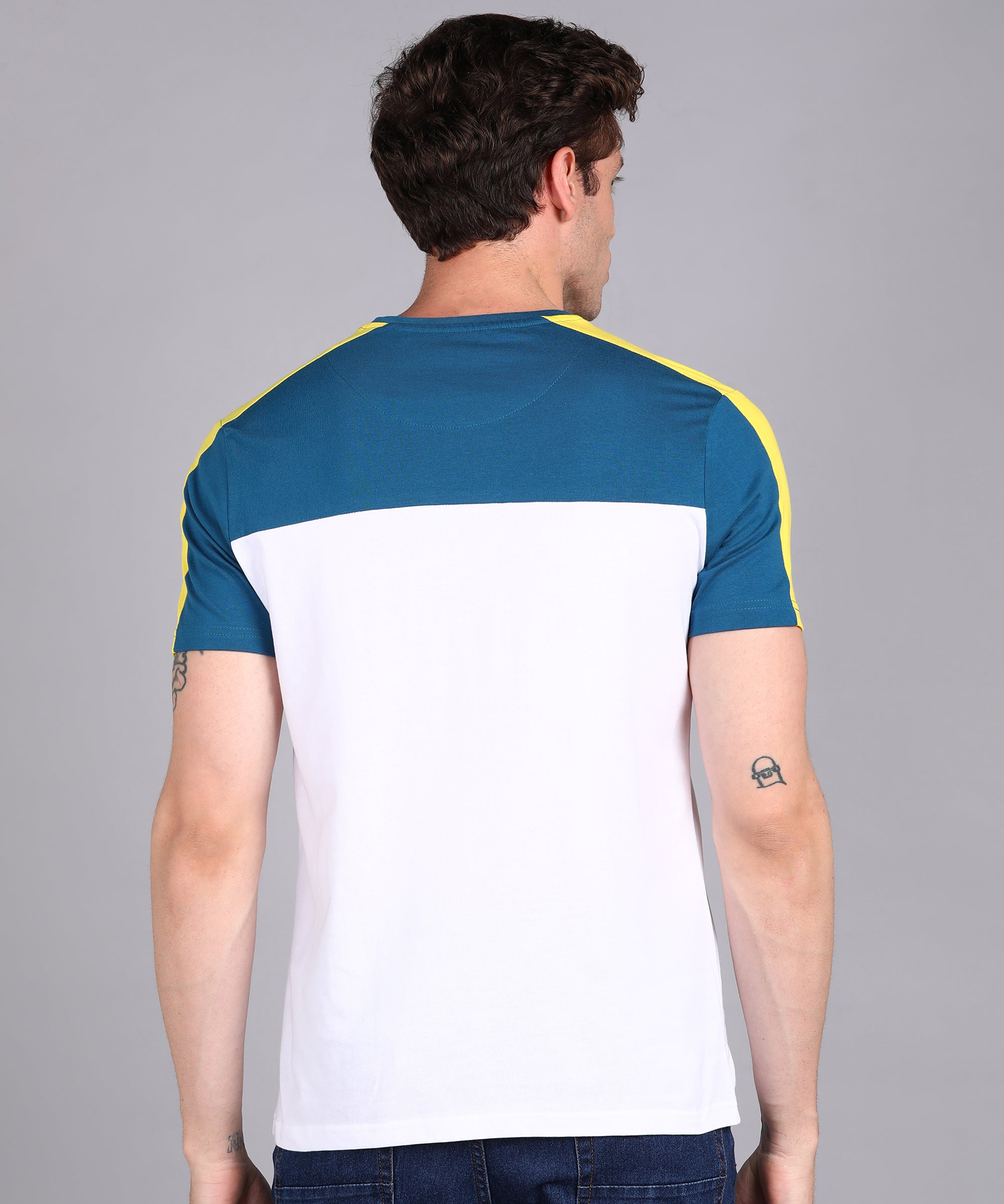 Men's Blue, White, Yellow Cotton Color-Block Slim Fit Half Sleeve T-Shirt