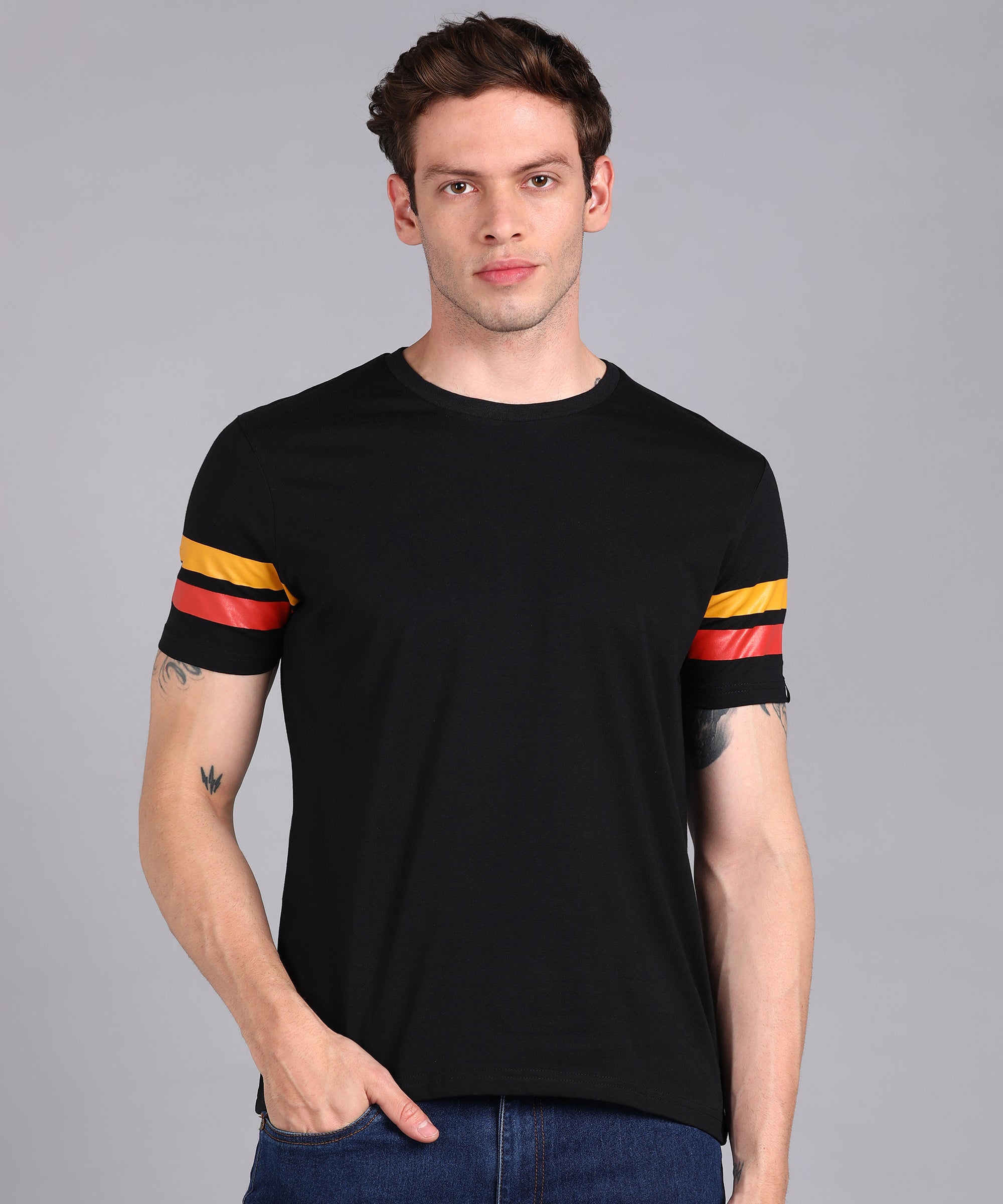 Men's Black, Yellow, Orange Cotton Color-Block Slim Fit Half Sleeve T-Shirt