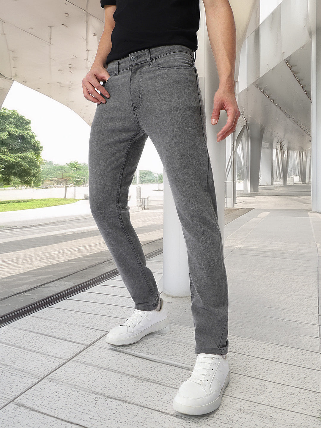 Men's Light Grey Regular Fit Washed Jeans Stretchable