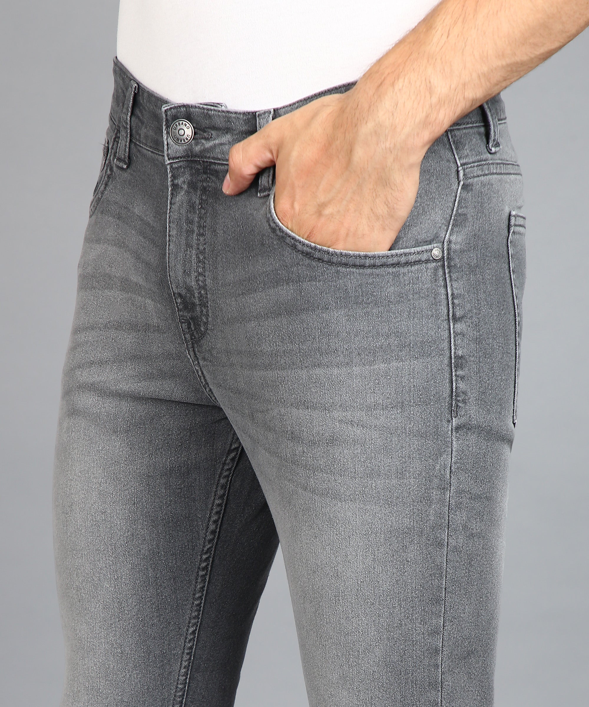Men's Light Grey Regular Fit Washed Jeans Stretchable