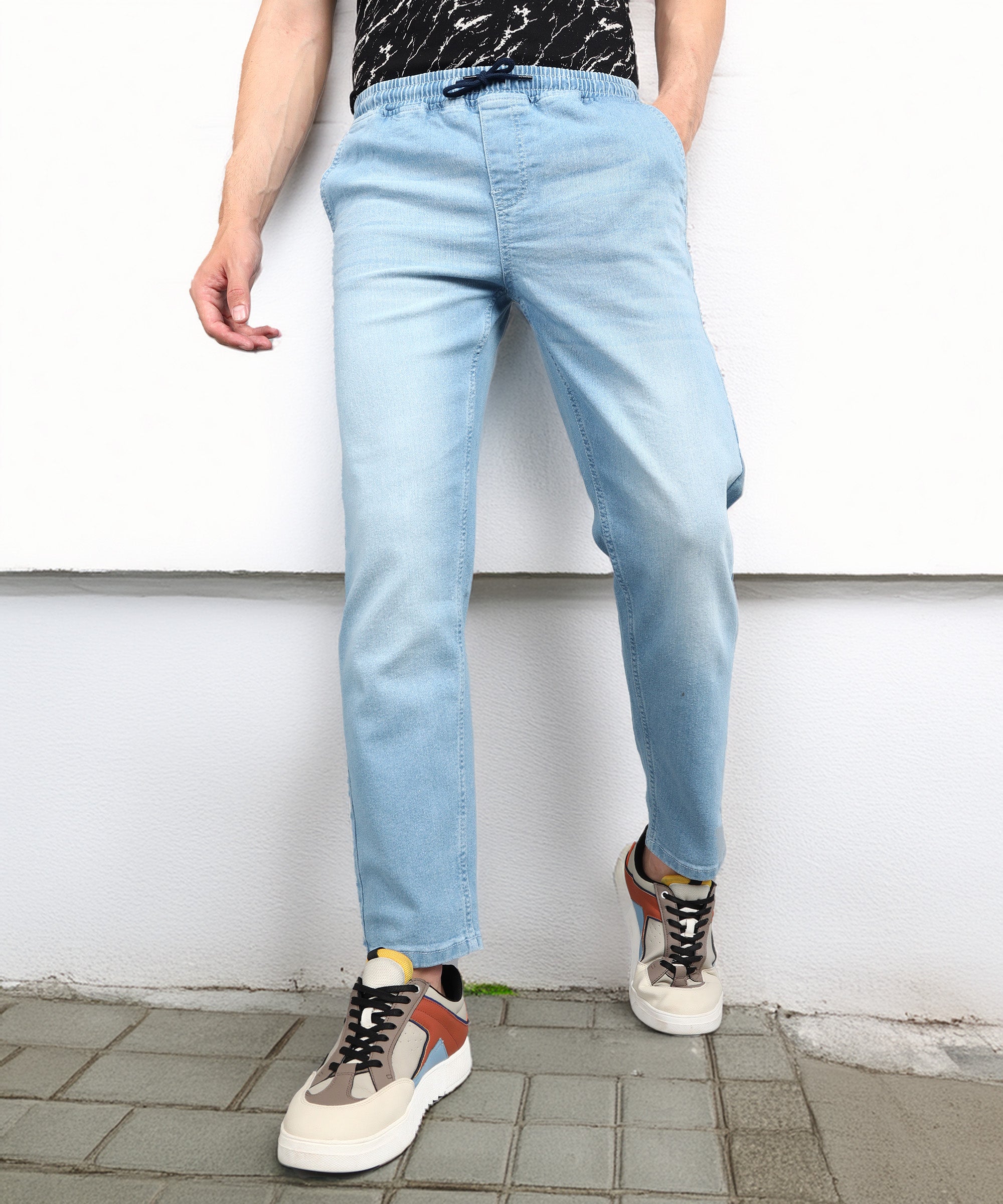 Men's Light Blue Regular Fit Washed Jogger Jeans Stretchable