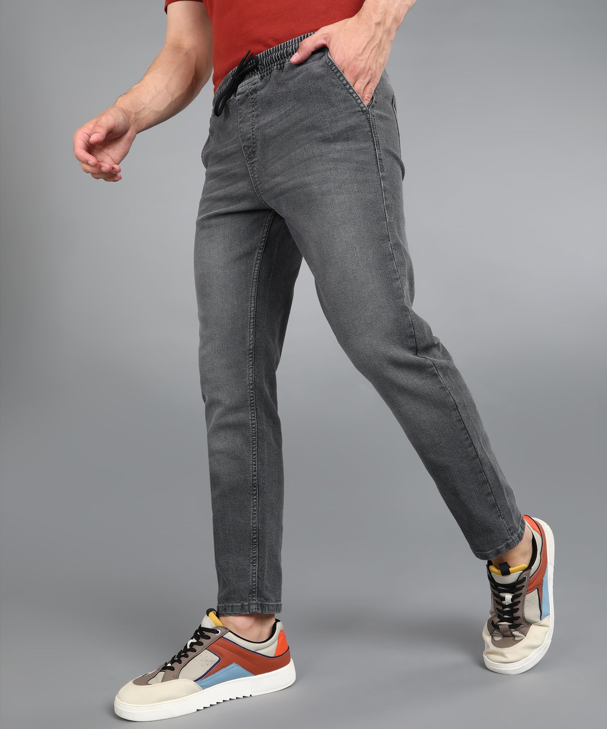 Men's Grey Regular Fit Washed Jogger Jeans Stretchable