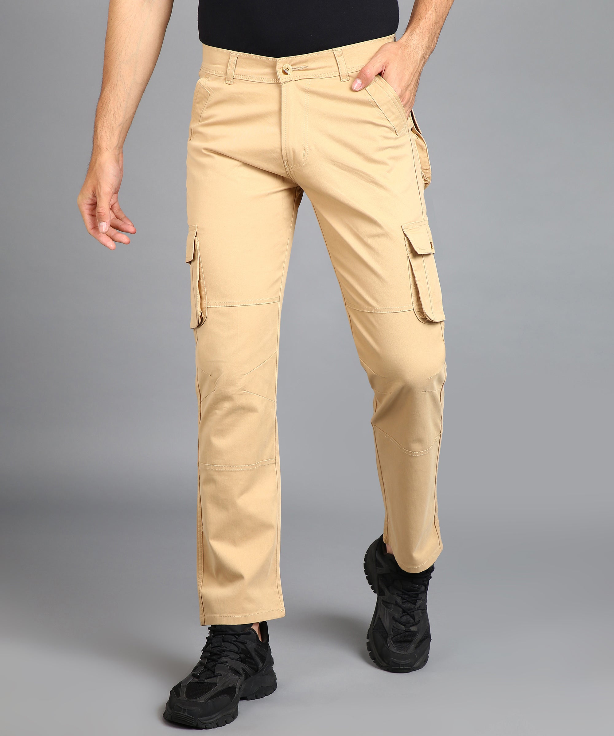 Men's Beige Regular Fit Solid Cargo Chino Pant with 6 Pockets