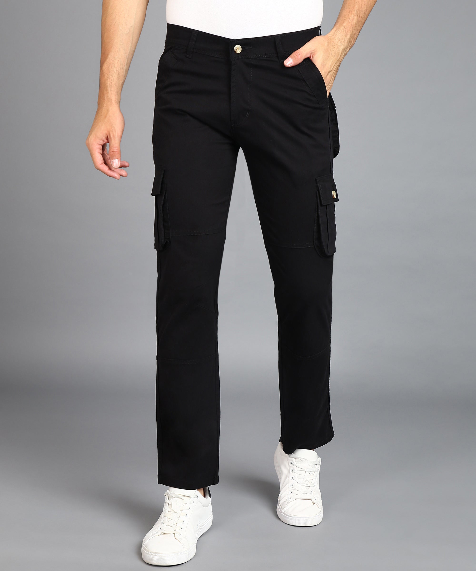 Men's Black Regular Fit Solid Cargo Chino Pant with 6 Pockets