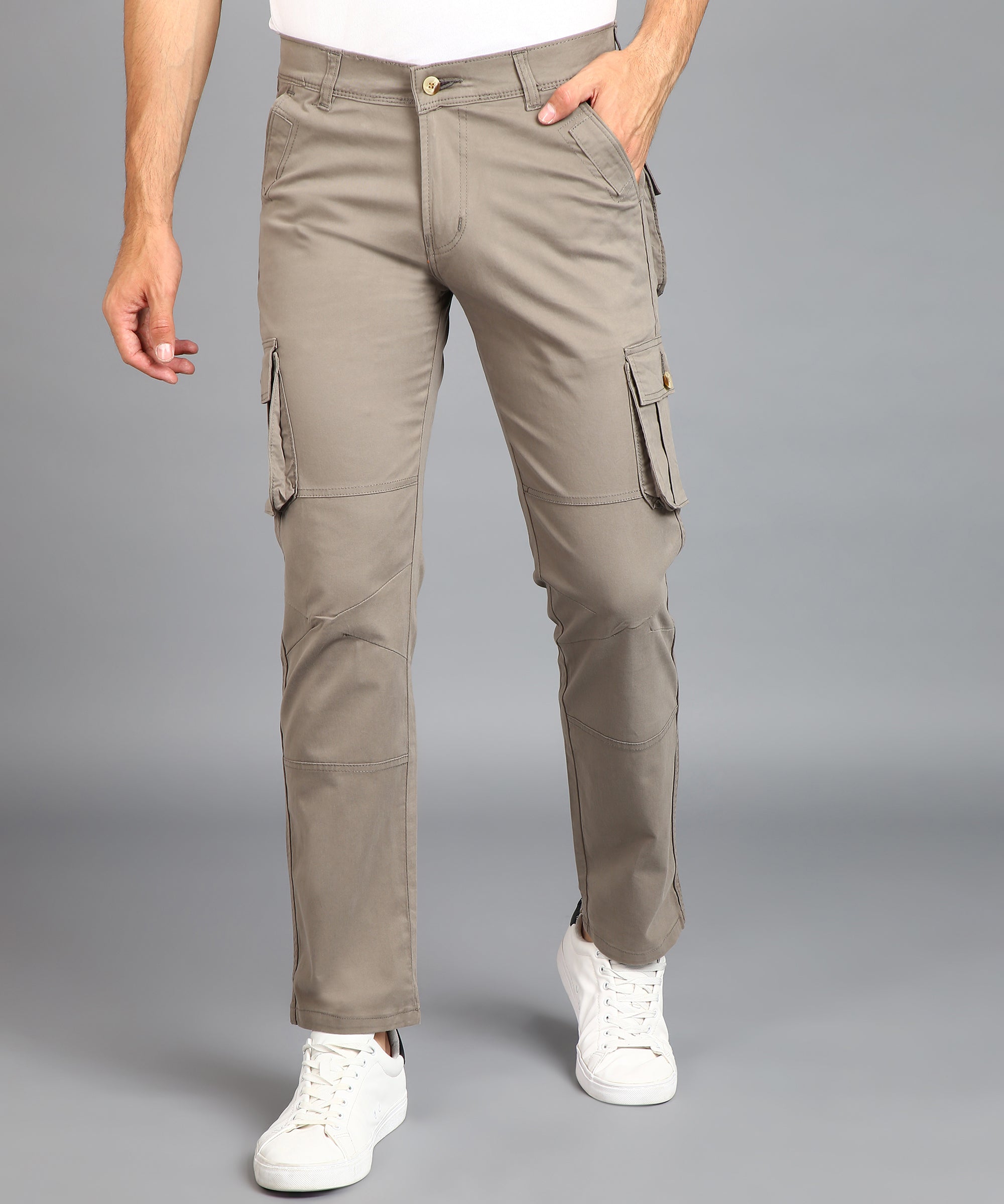 Men's Grey Regular Fit Solid Cargo Chino Pant with 6 Pockets