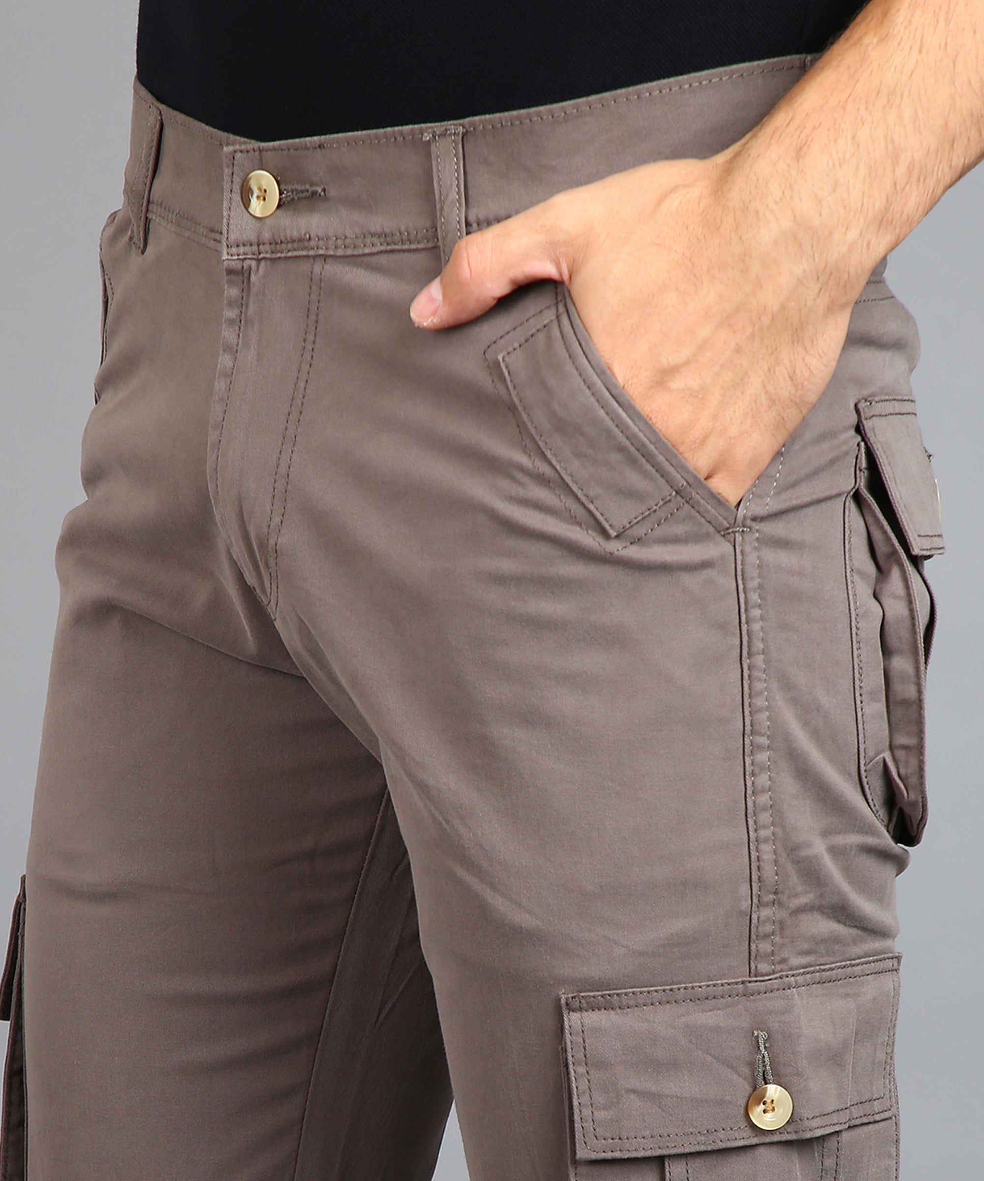 Men's Dark Grey Regular Fit Solid Cargo Chino Pant with 6 Pockets