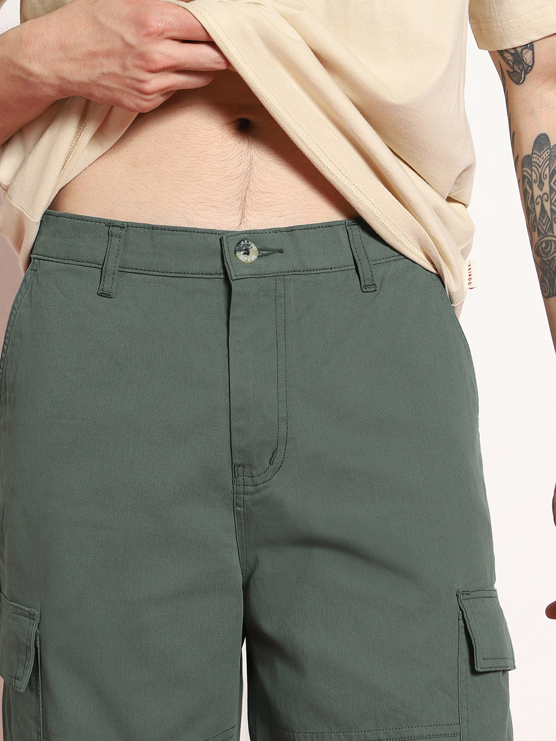 Men's Light Grey Loose Baggy Fit Solid Cargo Chino Pant with 6 Pockets Non-Stretchable