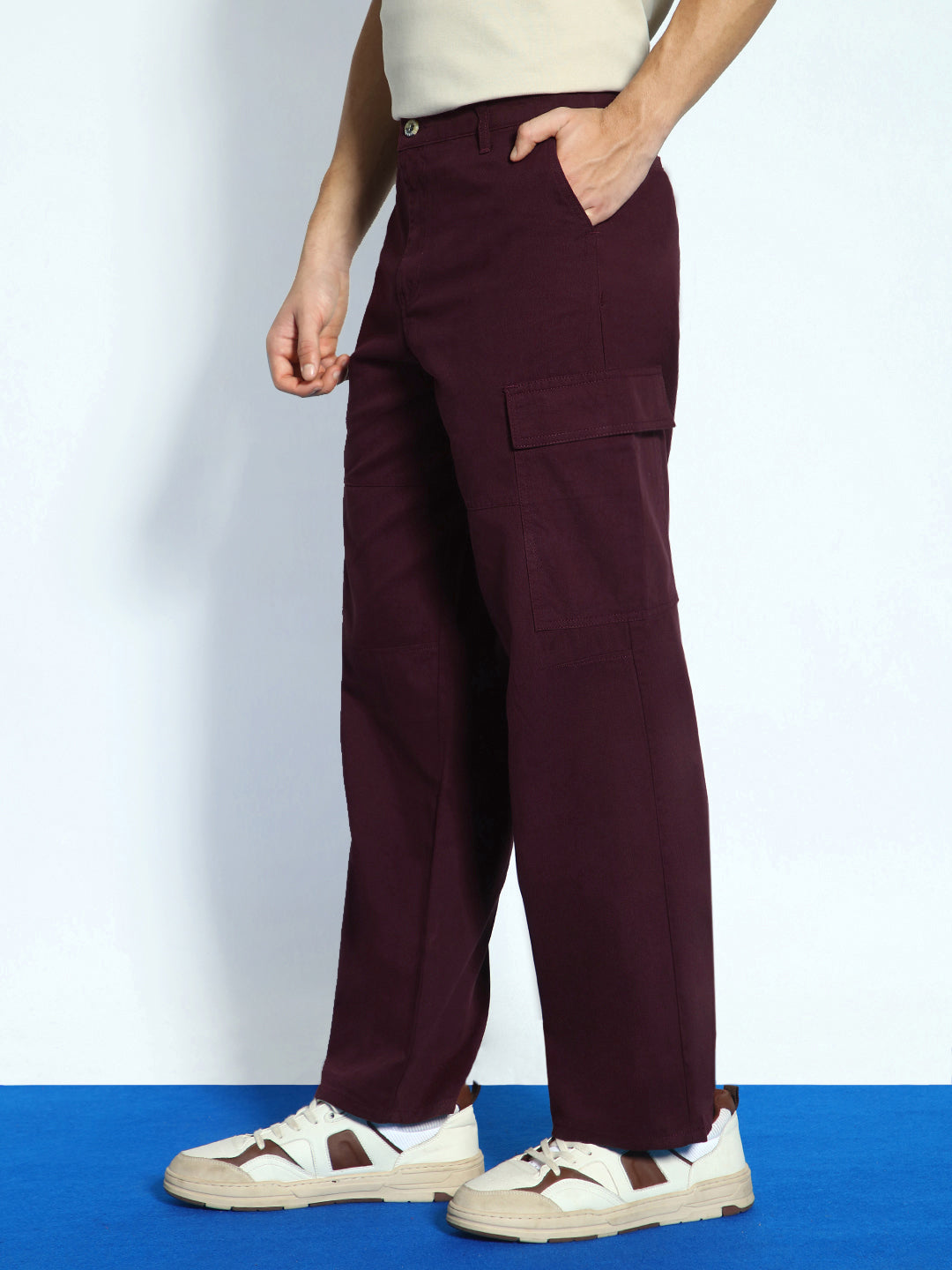 Men's Maroon Loose Baggy Fit Solid Cargo Chino Pant with 6 Pockets Non-Stretchable