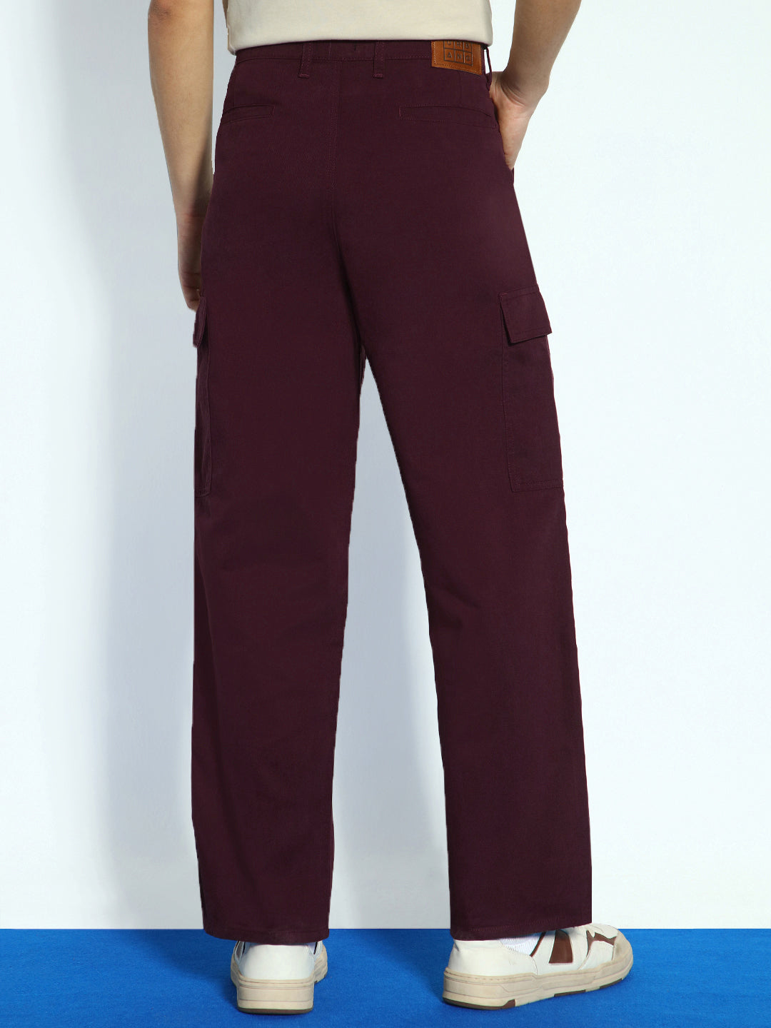 Men's Maroon Loose Baggy Fit Solid Cargo Chino Pant with 6 Pockets Non-Stretchable