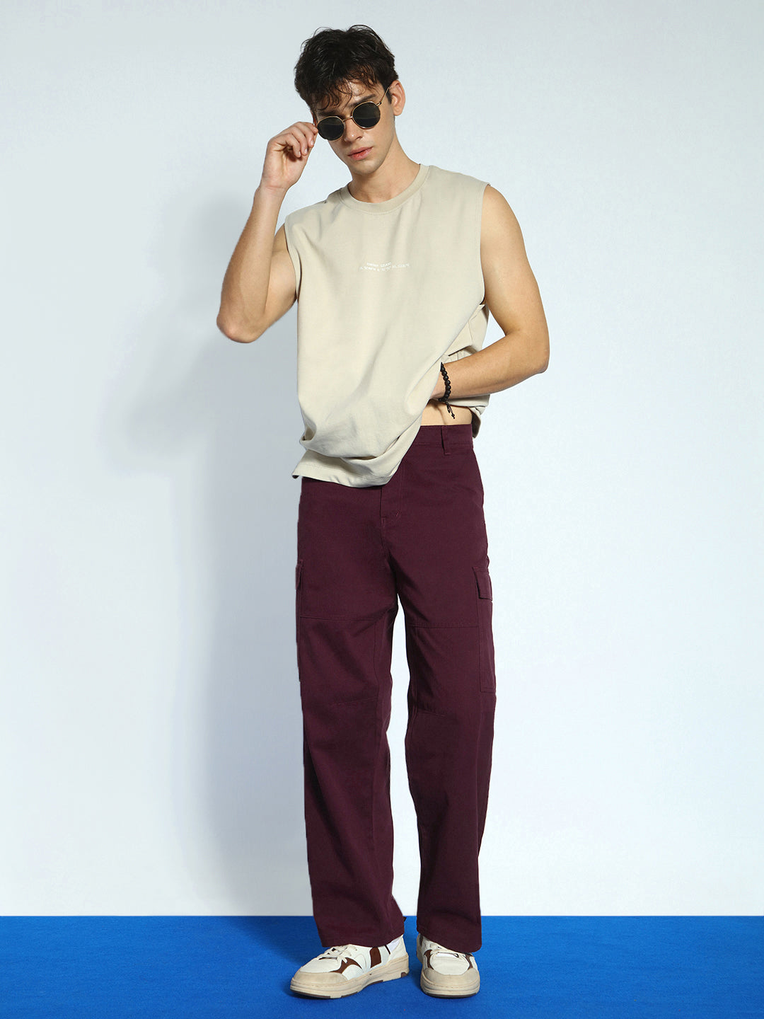 Men's Maroon Loose Baggy Fit Solid Cargo Chino Pant with 6 Pockets Non-Stretchable